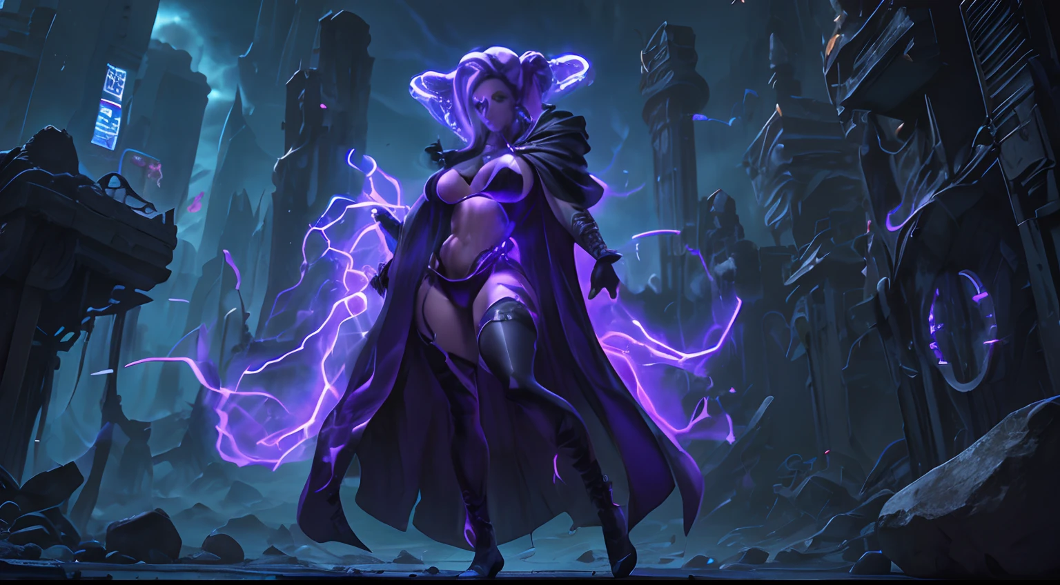 Woman with a Skull for a head , (Skull for Head), (Black Mage Robe Spellcaster Bikini), (Purple Glowing Eyes), White Cape, Athletic Build, Sexy, medium big Breasts, Medium Big thighs, Six Pack Abdomen), Lighting in the Sky, Woman is Levitating above a Sea of Darkness , Arms spread out with Blue Energy in each hand, Photorealism, Brutalism background, (Revealing Mage Bikini)