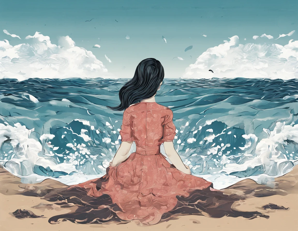 girl，Shed tears，The waves form welling tears，Tears include marine debris，Marine pollution，Painful sadness，False and broken，Illustration style