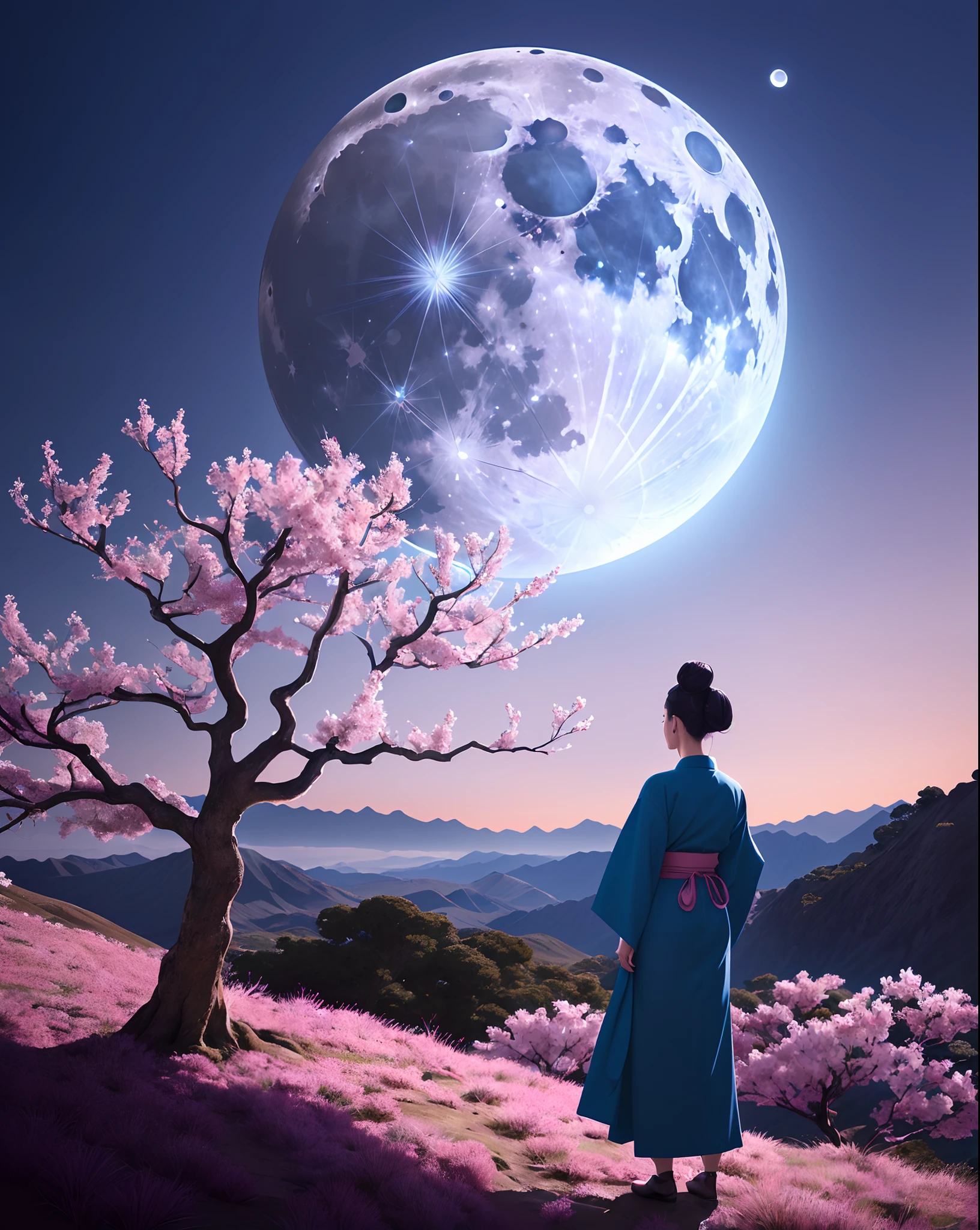 The image is a digital painting set against a mystical landscape. The scene is dominated by a massive, pale moon or celestial body that fills the sky, radiating soft light. This moon appears to be close to the viewer, as its surface shows subtle spots or marks.
In the foreground, a figure stands with their back to the viewer, observing the breathtaking vista. This person is dressed in traditional attire, possibly reminiscent of ancient East Asian garments. They wear a blue kimono or robe, adorned with intricate floral patterns. A red sash or obi wraps around their waist. The figure's hair is done up in a bun, held together by an accessory.
Below the person is a rocky outcrop, positioned like a viewing point amidst the rugged terrain. Surrounding the area are twisted, gnarly trees that appear to be cherry blossoms. Their pink-red blossoms are scattered by a breeze, creating a shower of petals that dance around the scene. This ethereal atmosphere is further enhanced by the presence of birds – possibly crows or ravens – that soar around the sky, their dark silhouettes contrasting sharply against the bright backdrop of the moon.
The overall color palette is dominated by cool blues and grays, with touches of pink-red from the cherry blossoms, giving the artwork a serene, dreamlike quality.
The image invokes feelings of introspection, serenity, and the timeless beauty of nature.