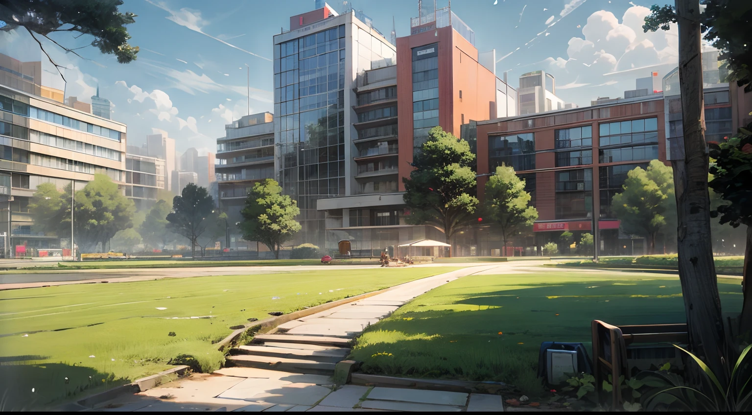 Modern school, lawn, front view, daytime, city background, wide angle, no one