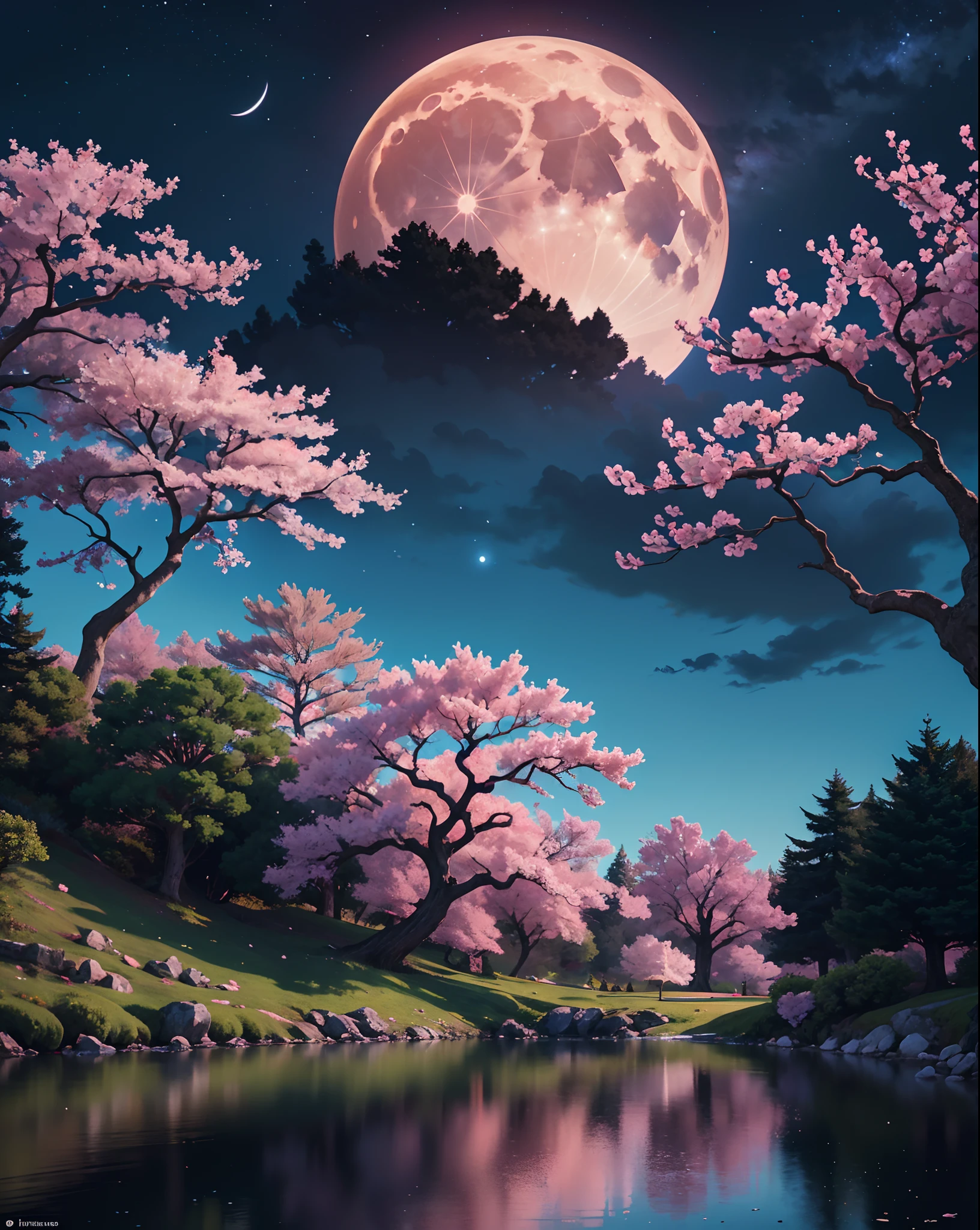 The image is a digital painting set against a mystical landscape. The scene is dominated by a massive, pale moon or celestial body that fills the sky, radiating soft light. This moon appears to be close to the viewer, as its surface shows subtle spots or marks.
In the foreground, a figure stands with their back to the viewer, observing the breathtaking vista. This person is dressed in traditional attire, possibly reminiscent of ancient East Asian garments. They wear a blue kimono or robe, adorned with intricate floral patterns. A red sash or obi wraps around their waist. The figure's hair is done up in a bun, held together by an accessory.
Below the person is a rocky outcrop, positioned like a viewing point amidst the rugged terrain. Surrounding the area are twisted, gnarly trees that appear to be cherry blossoms. Their pink-red blossoms are scattered by a breeze, creating a shower of petals that dance around the scene. This ethereal atmosphere is further enhanced by the presence of birds – possibly crows or ravens – that soar around the sky, their dark silhouettes contrasting sharply against the bright backdrop of the moon.
The overall color palette is dominated by cool blues and grays, with touches of pink-red from the cherry blossoms, giving the artwork a serene, dreamlike quality.
The image invokes feelings of introspection, serenity, and the timeless beauty of nature.