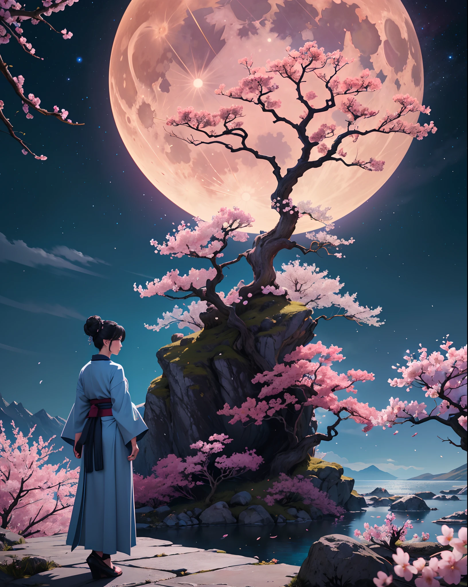 The image is a digital painting set against a mystical landscape. The scene is dominated by a massive, pale moon or celestial body that fills the sky, radiating soft light. This moon appears to be close to the viewer, as its surface shows subtle spots or marks.

In the foreground, a figure stands with their back to the viewer, observing the breathtaking vista. This person is dressed in traditional attire, possibly reminiscent of ancient East Asian garments. They wear a blue kimono or robe, adorned with intricate floral patterns. A red sash or obi wraps around their waist. The figure's hair is done up in a bun, held together by an accessory.

Below the person is a rocky outcrop, positioned like a viewing point amidst the rugged terrain. Surrounding the area are twisted, gnarly trees that appear to be cherry blossoms. Their pink-red blossoms are scattered by a breeze, creating a shower of petals that dance around the scene. This ethereal atmosphere is further enhanced by the presence of birds – possibly crows or ravens – that soar around the sky, their dark silhouettes contrasting sharply against the bright backdrop of the moon.

The overall color palette is dominated by cool blues and grays, with touches of pink-red from the cherry blossoms, giving the artwork a serene, dreamlike quality. 

The image invokes feelings of introspection, serenity, and the timeless beauty of nature.