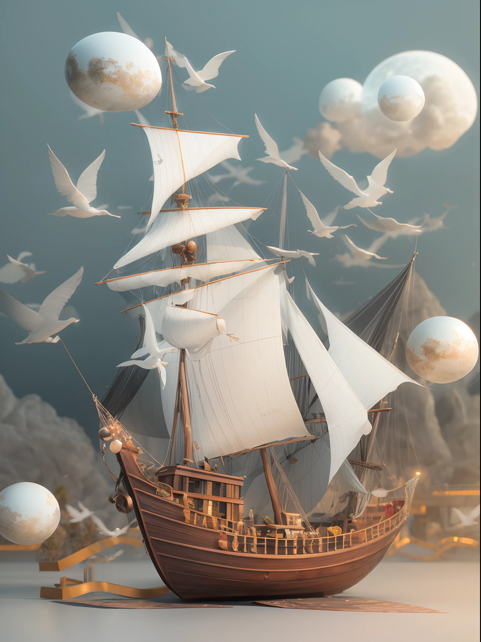 There is a pirate ship with a pirate hat on top, atmosphere, storm floating in the air, paper birds, (miniature: 1.2), 2.5d illustration, 3d rendering, 3d modeling, bubble matt, trend in behans 3d art, trend in behans 3d art, 3d illustration, 3d illustration, 3d illustration, commercial illustration, cinema 4d color rendering, 3d rendering stylization, stylized digital illustration, 3d stylized scene, stylized 3d rendering