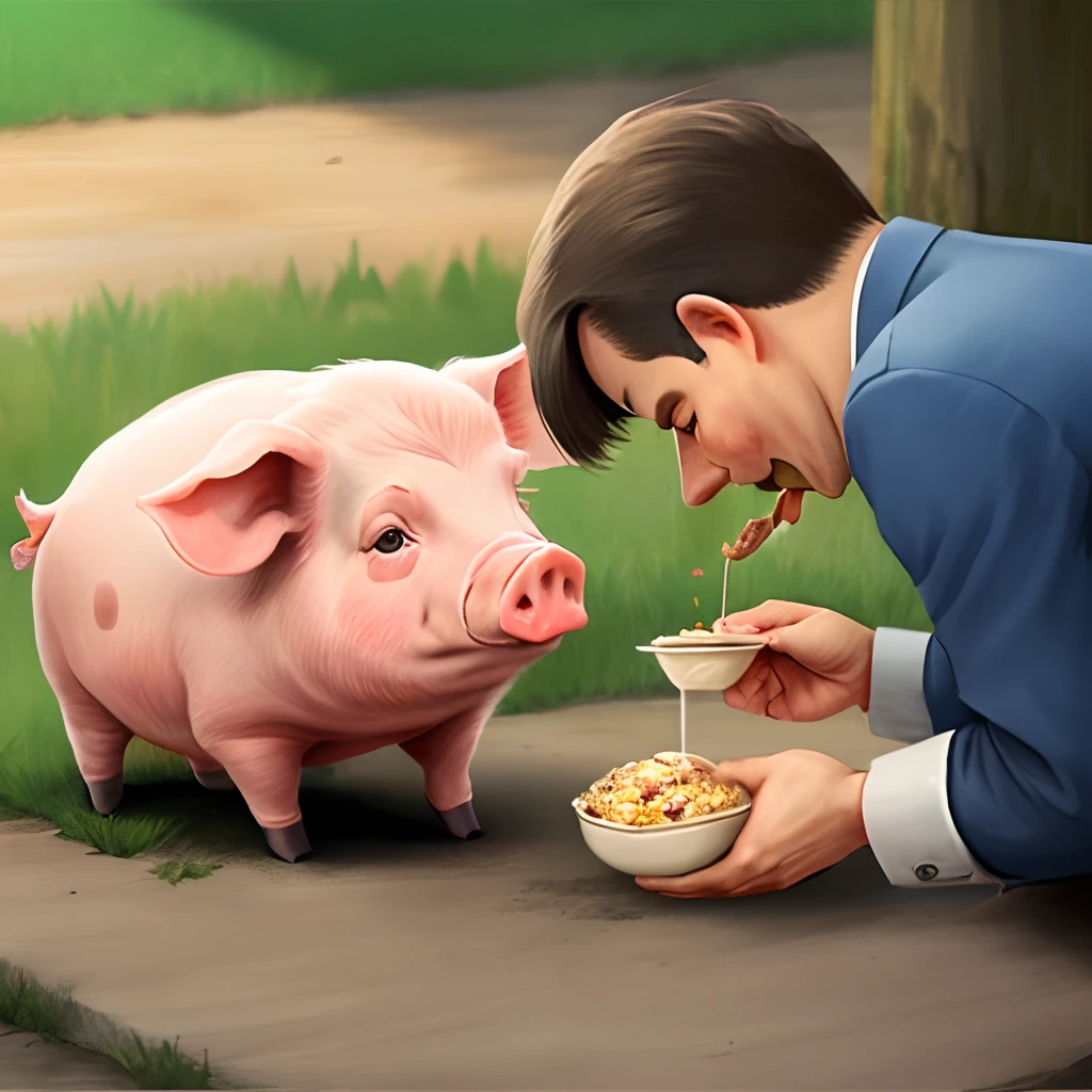 government official feeding pig, political cartoon, propoganda
