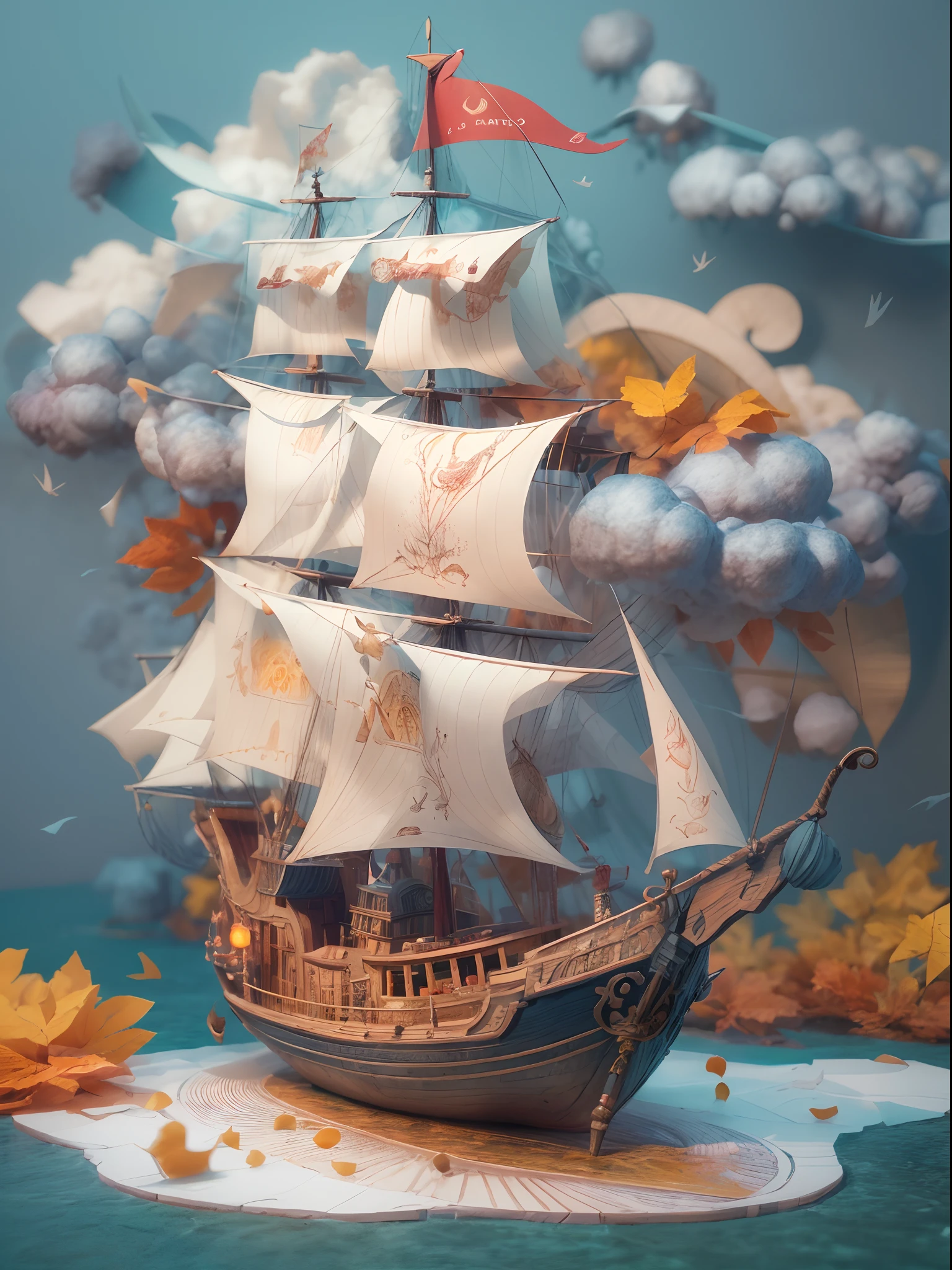 There is a pirate ship with a pirate hat on top, clouds, atmosphere, leaves, storm floating in the air, paper birds, (miniature: 1.2), 2.5d illustration, 3d rendering, 3d modeling, bubble matt, trend in behans 3d art, trend in behans 3d art, 3d illustration, 3d illustration, 3d illustration, commercial illustration, cinema 4d color rendering, 3d rendering stylization, stylized digital illustration, 3d stylized scene, stylized 3d rendering