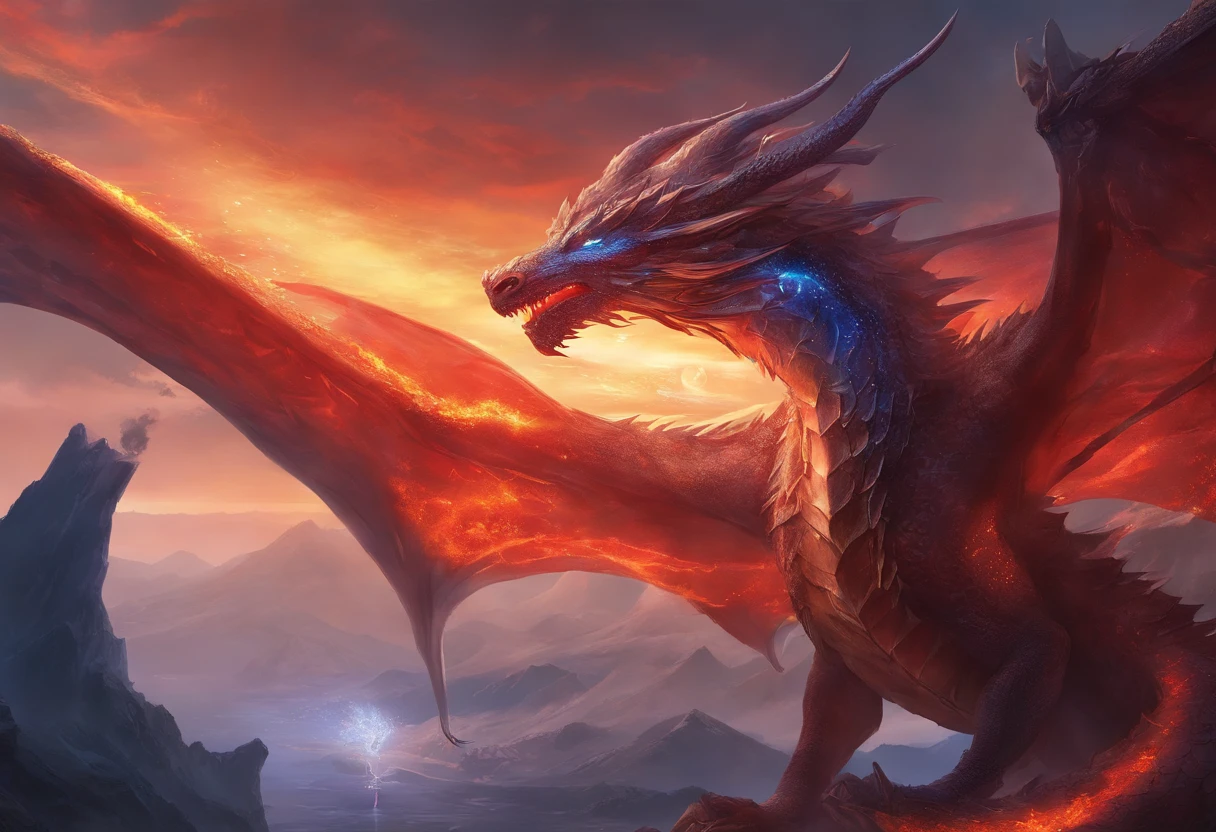 (Dragon Celestial Dorado) で (piercing red eyes),Close-up to let go (Bloodfire) Through the nose,Bullmetric Scale,hightquality,8K,Many details,Fire Paticles,Alas,4 Honji,Spotted nails,golds,danger,the fire,sharpteeth,Giant dragon,Colossal,threatening,imposing,Blue Scale