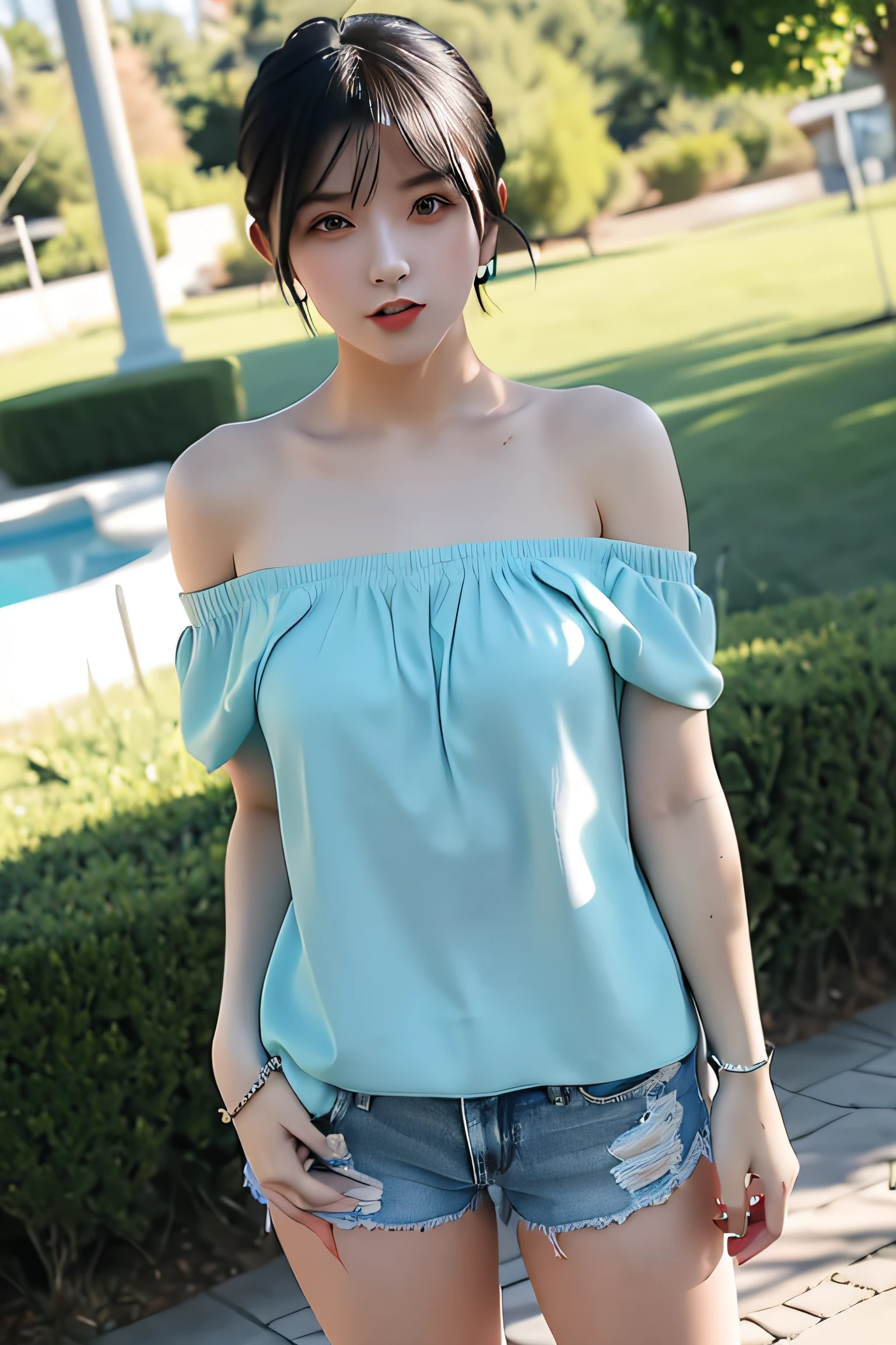 masterpiece, best quality, 1girl, aqua eyes, black hair, closed mouth, multicolored background, looking at viewer, short hair, outdoors, solo, full body, alluring, clean, beautiful face, pure face, pale skin, sexy pose,((camisole, shorts, off shoulder, navel)), cute