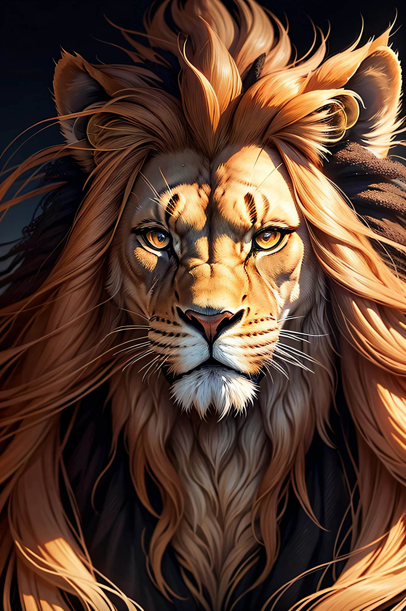 /imagine a lion's head. lion of judah style. big mane. frontal and focused gaze. Red eyes. the hair on his mane is all visible. completely black background.