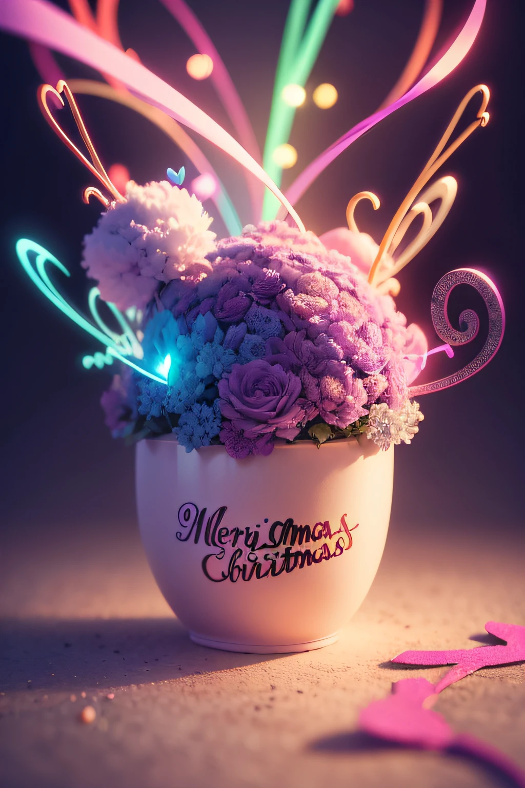 Name " merry christmas" written on the background, small colorful touches of 3D paint and with two colorful butterflies and pink and purple smoke included. Everything in front with hearts in neon, 3D rendering