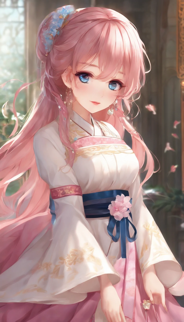 (finely detailed beautiful eyes and detailed face,masterpiece sidelighting,masterpiece,best quality,detailed,high resolution illustration),, (1girl,whole body,bishoujo,lustrous skin,looking down,looking at viewer),, (pink hair,blue eyes,ribbon,hanbok, korean clothes), (clothed_underbust:1.2),underboob,