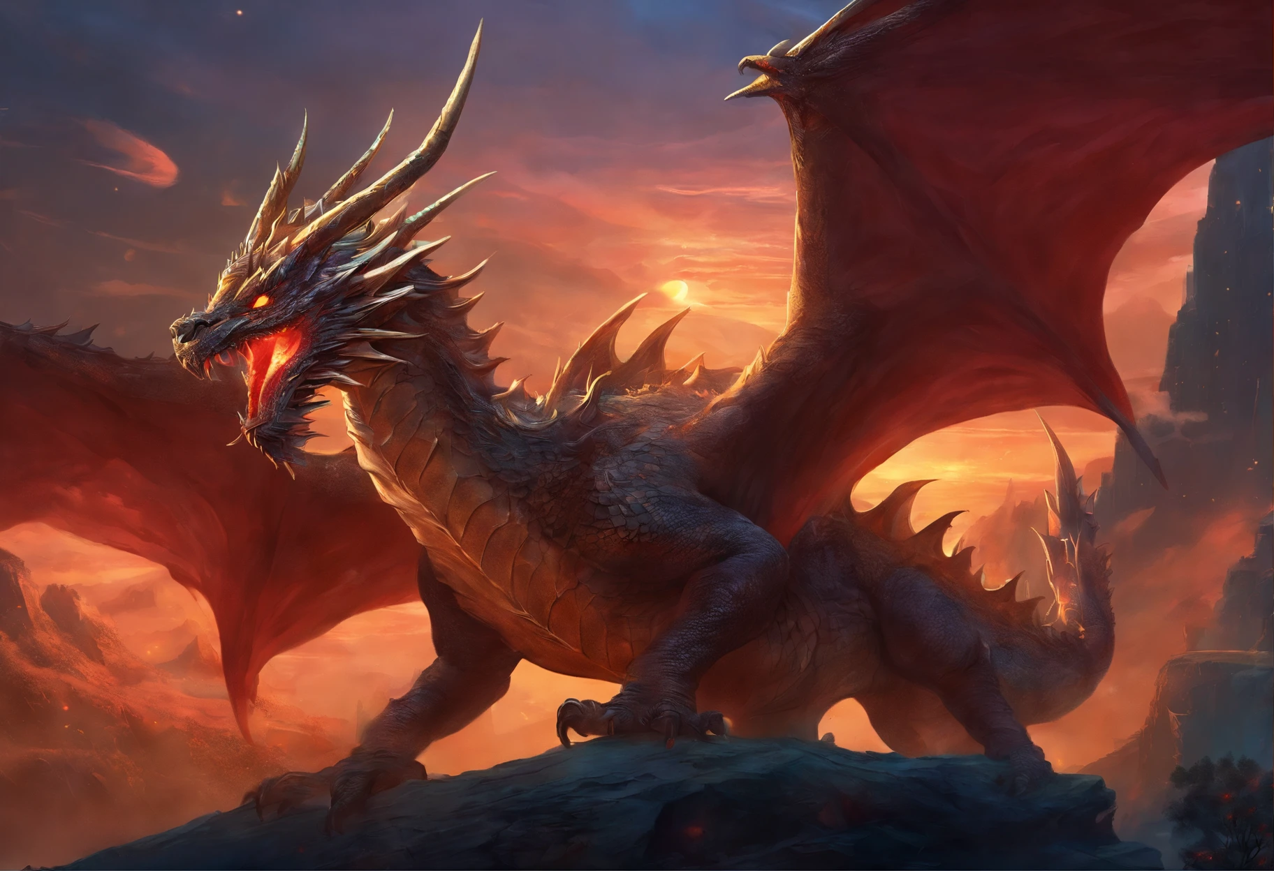 There is a dragon flying over the waterfall, Deathwing, World of Warcraft Splash Art, World of Warcraft Art, World of Warcraft concept art, Alduin, World of Warcraft Art style, hearthstone Official ink art, Official ink art, 暴雪World of Warcraft Art作品, Balrog concept art, A great red dragon flew over them, Balrog, Hearthstone, Hearthstone溅射艺术
