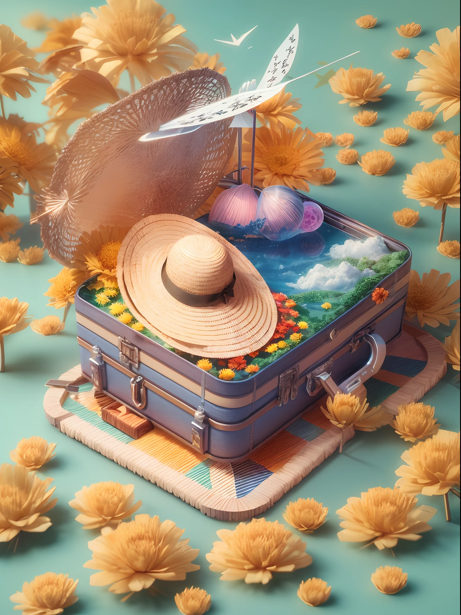 There is a suitcase with a straw hat on top, clouds, atmosphere, leaves, chrysanthemums floating in the air, paper airplanes, (miniature: 1.2), 2.5d illustration, 3d rendering, 3d modeling, bubble matt, trend in behans 3d art, trend in behans 3d art, 3d illustration, 3d illustration, 3d illustration, commercial illustration, cinema 4d color rendering, 3d rendering stylization, stylized digital illustration, 3d stylized scene, stylized 3d rendering