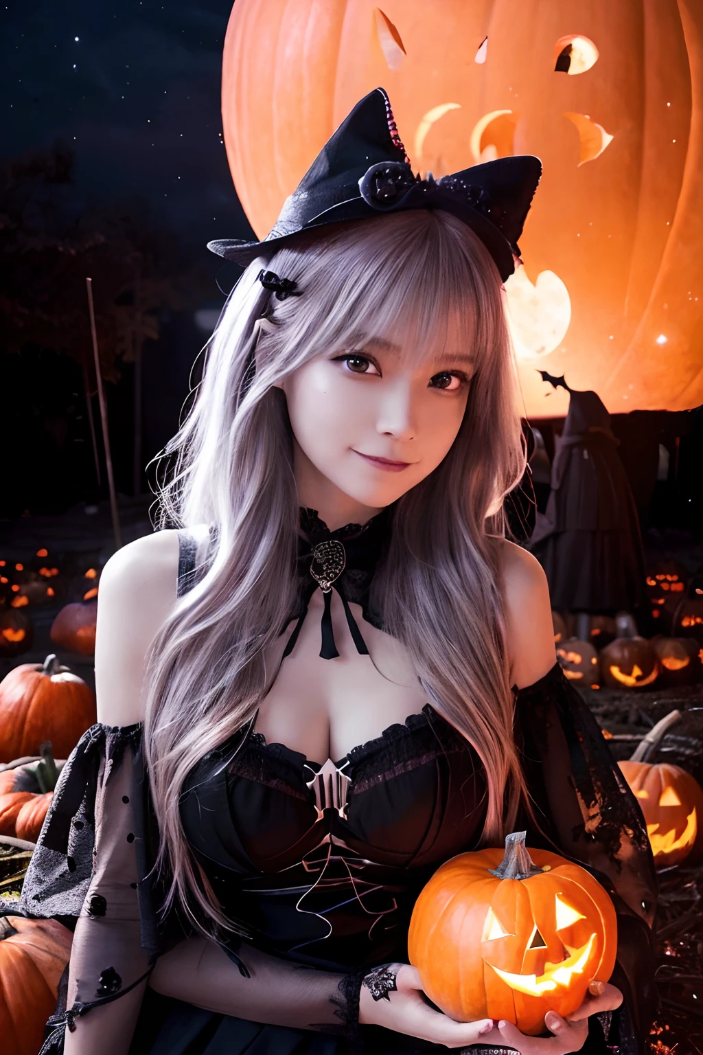 (Best Quality,4K,8K,hight resolution,masutepiece:1.2),Ultra-detailed,(Realistic,Photorealistic,Photorealsitic:1.37)，Halloween Events,Witch,Illustration,creepy atmosphera,Vibrant colors,fullmoon,Fairy Light,Smoke and fog,Undeservedly beautiful,walls,Spells of the Law,Shadow of Mystery,Glowing eyes,pumpkins,Full of excitement and joy,Transform into a magical being,awe-inspiring,dark and mystical,Moonlit Night,Captivate the audience,captivating performance,Fictional world,Uncover their magical powers,Enchanted spells.、ssmile