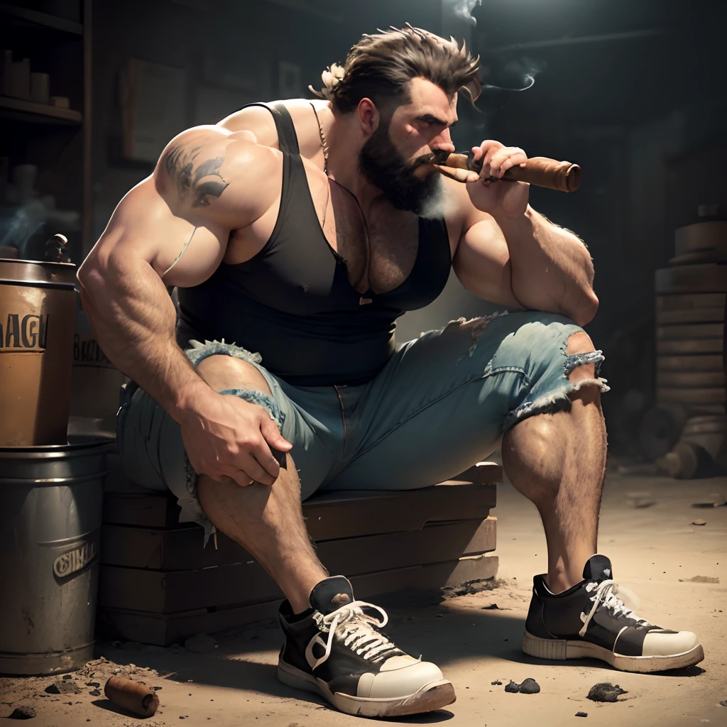 (a burly and hairy man, smoking a cigar, wearing a dirty white tank top and ragged jeans, with worn-out dirty sneakers),illustration,charcoal texture,detailed background,dusty atmosphere,high contrast,dramatic lighting,cinematic tones