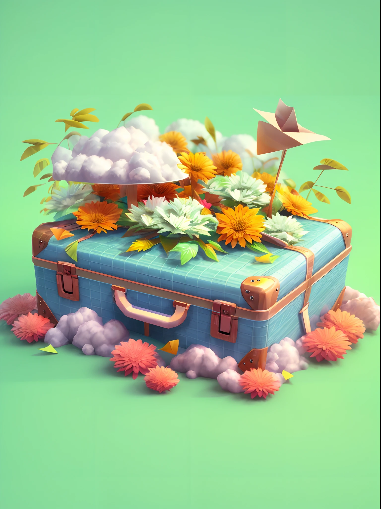 There is a suitcase with a straw hat on top, clouds, atmosphere, leaves, chrysanthemums floating in the air, paper airplanes, (miniature: 1.2), 2.5d illustration, 3d rendering, 3d modeling, bubble matt, trend in behans 3d art, trend in behans 3d art, 3d illustration, 3d illustration, 3d illustration, commercial illustration, cinema 4d color rendering, 3d rendering stylization, stylized digital illustration, 3d stylized scene, stylized 3d rendering