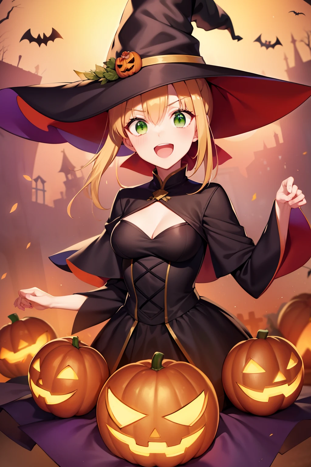 Fugonero, Nero, Ahoge, Blonde hair, (Green eyes:1.5), hair between eye, Hair intake, Blakebow、Grouping、braided bun、French braiding、gold trim、Odango Hair、side locks、Single hair bun、BREAK looking at viewer, BREAK (masutepiece:1.2), Best Quality, High resolution, Unity 8k壁纸, (Illustration:0.8), (Beautiful detailed eyes:1.6), extra detailed face, Perfect Lighting, extremely details CG, (Perfect hands, Perfect Anatomy),、(Halloween:1.2)、、(witch's hat:1.3)、Smile with open mouth、Throat and face、cowboy  shot、