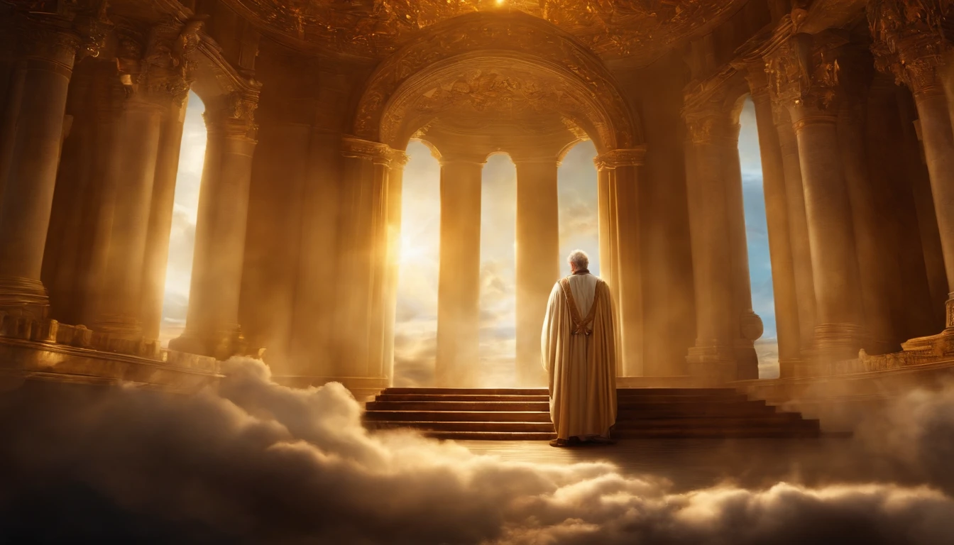Crie uma imagem realista , where an older man is raptured to heaven and finds the throne of God. the image needs to reflect the passage in the Bible where Paul describes his rapture.
