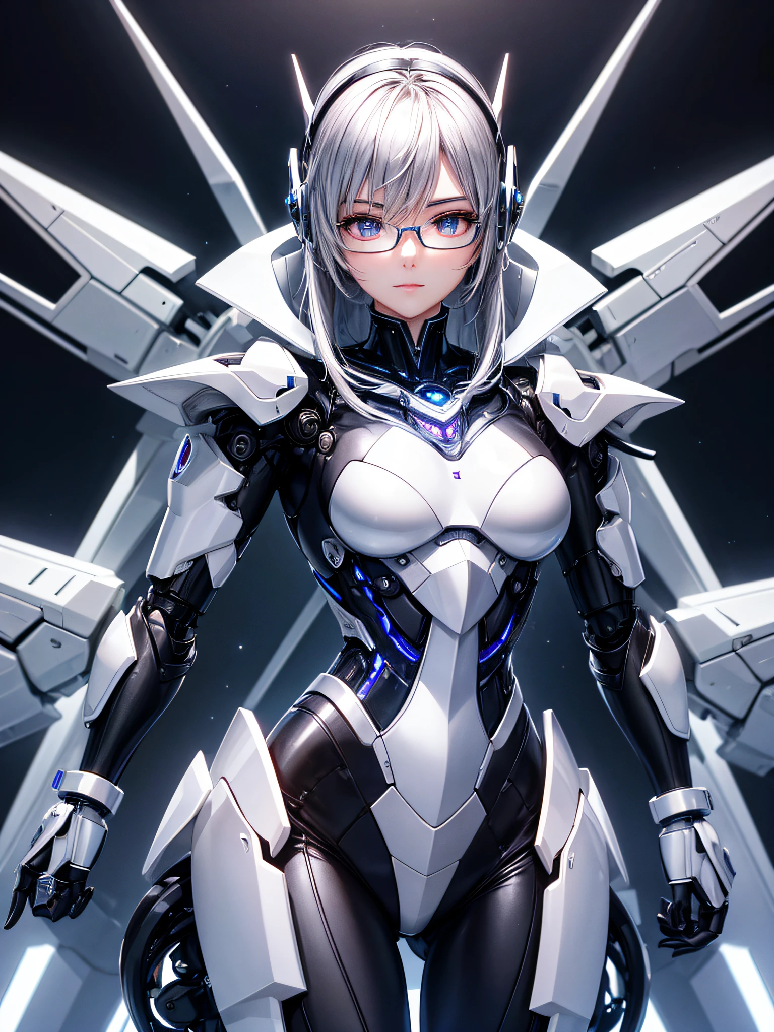 5 8K UHD、Mechanical beauty with shiny silver body wearing glasses is posing、Shiny silver robot with hidden skin