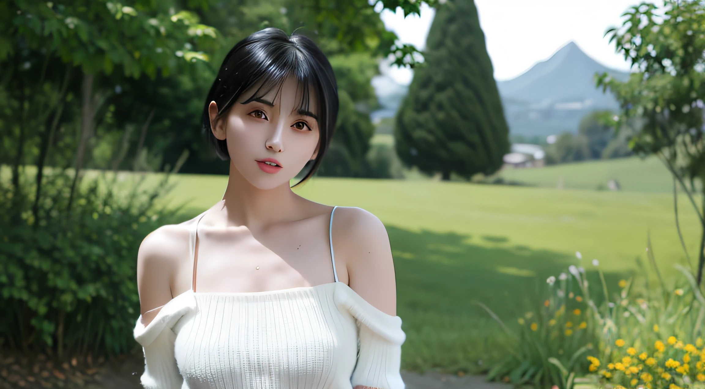 masterpiece, best quality, 1girl, aqua eyes, black hair, closed mouth, multicolored background, looking at viewer, short hair, outdoors, solo, full body, alluring, clean, beautiful face, pure face, pale skin, sexy pose,((camisole, shorts, off shoulder, navel)), cute