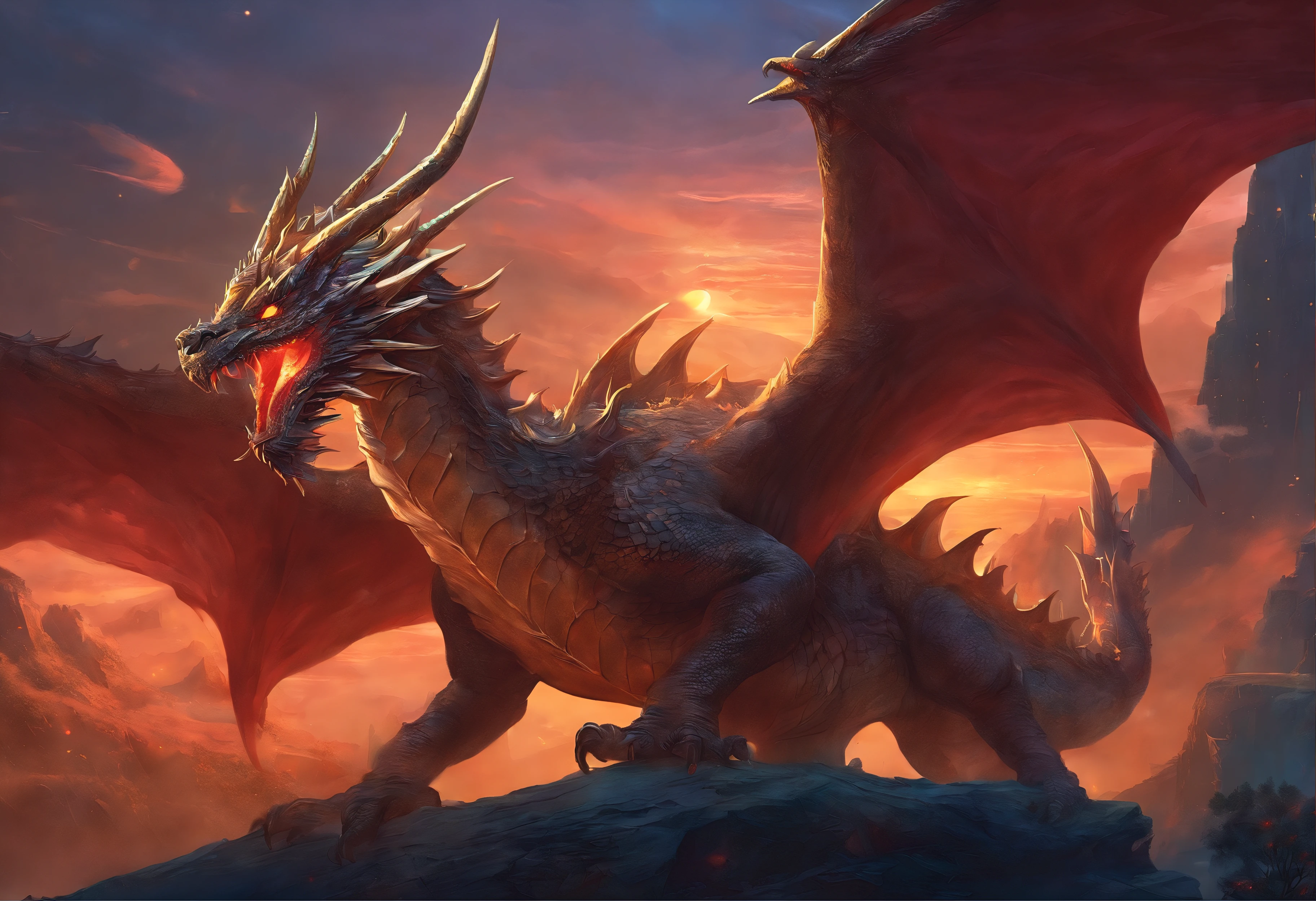 (Dragon Celestial Dorado) で (piercing red eyes),Close-up to let go (Bloodfire) Through the nose,Bullmetric Scale,hightquality,8K,Many details,Fire Paticles,Alas,4 Honji,Spotted nails,golds,danger,the fire,sharpteeth,Giant dragon,Colossal,threatening,imposing,Blue Scale
