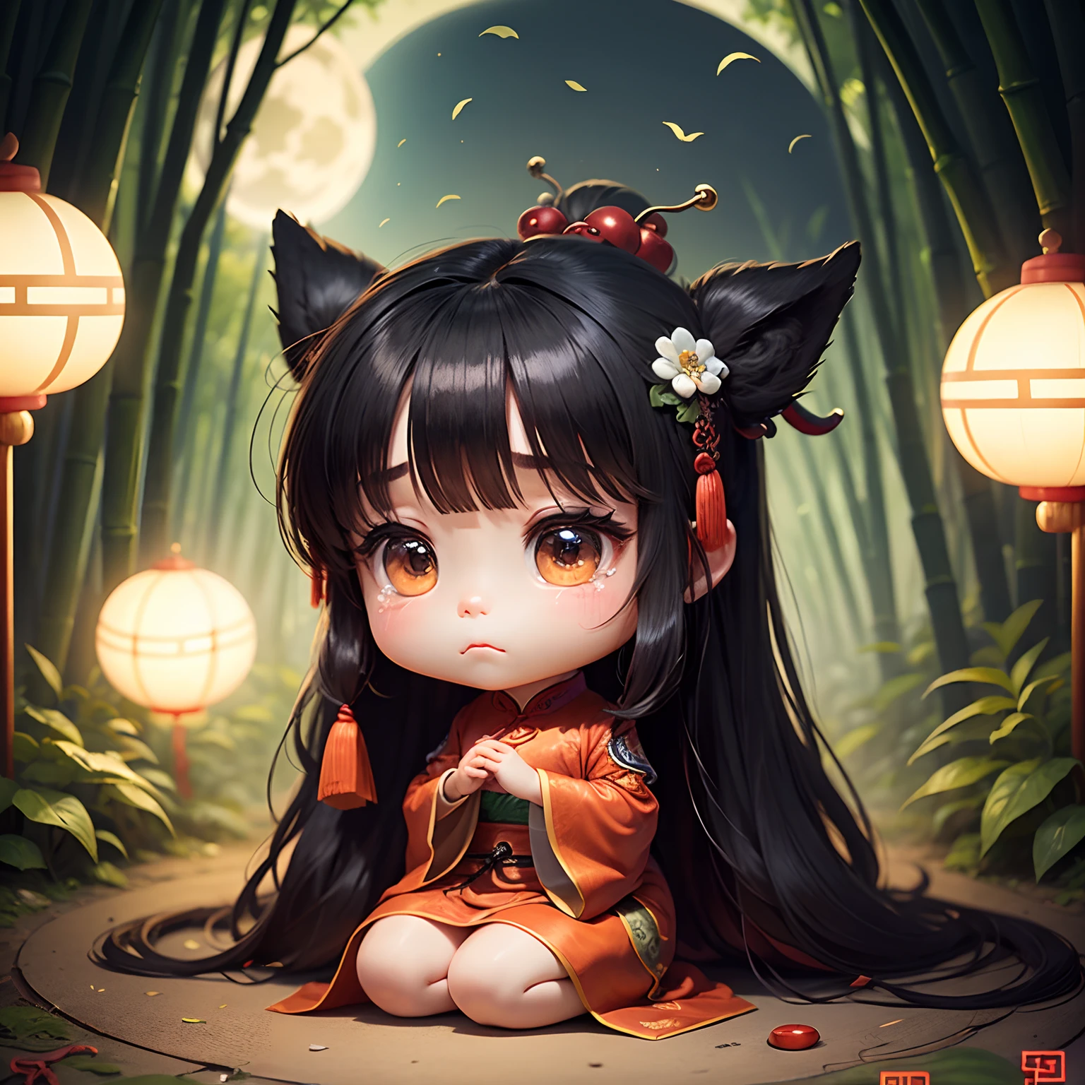 masterpiece、top-quality、ultra-detailliert、(Chibi Chara Ancient Chinese Daughter:1.2)、Black long-haired、Sad tears、bamboo forrest、Giant round moon、