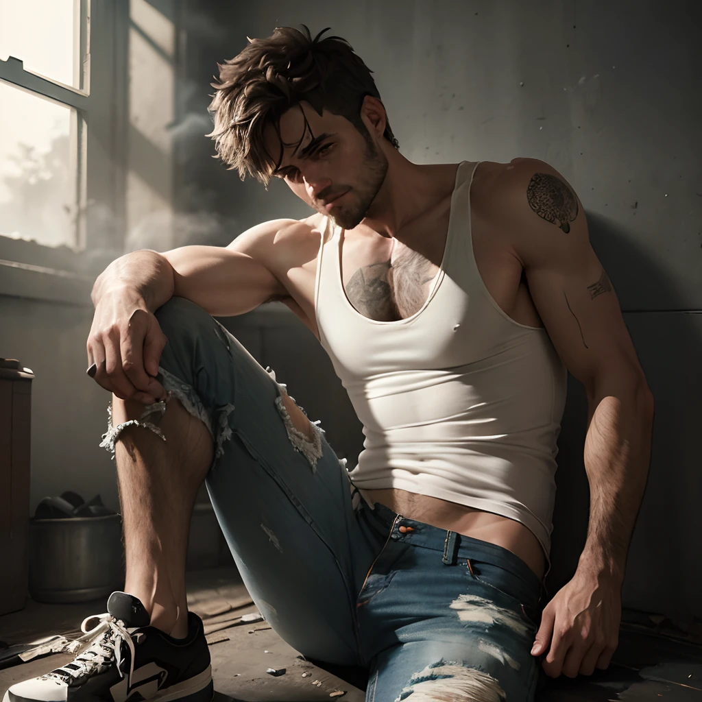 (um homem corpulento e peludo, fumar um charuto, Wearing a dirty white tank top and tattered jeans, with worn and dirty sneakers),illustration,Charcoal texture,Antecedentes detalhados,atmosfera empoeirada,alto contraste,dramatic lighting,cinematic tones