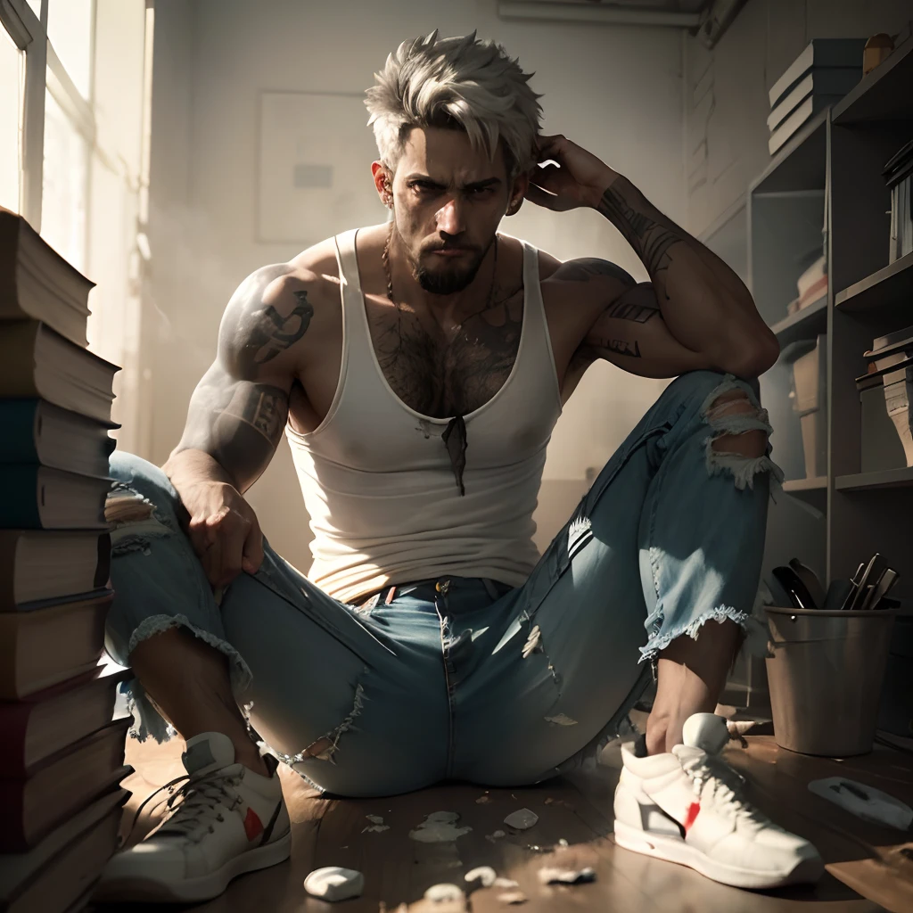(um homem corpulento e peludo, fumar um charuto, Wearing a dirty white tank top and tattered jeans, with worn and dirty sneakers),illustration,Charcoal texture,Antecedentes detalhados,atmosfera empoeirada,alto contraste,dramatic lighting,cinematic tones