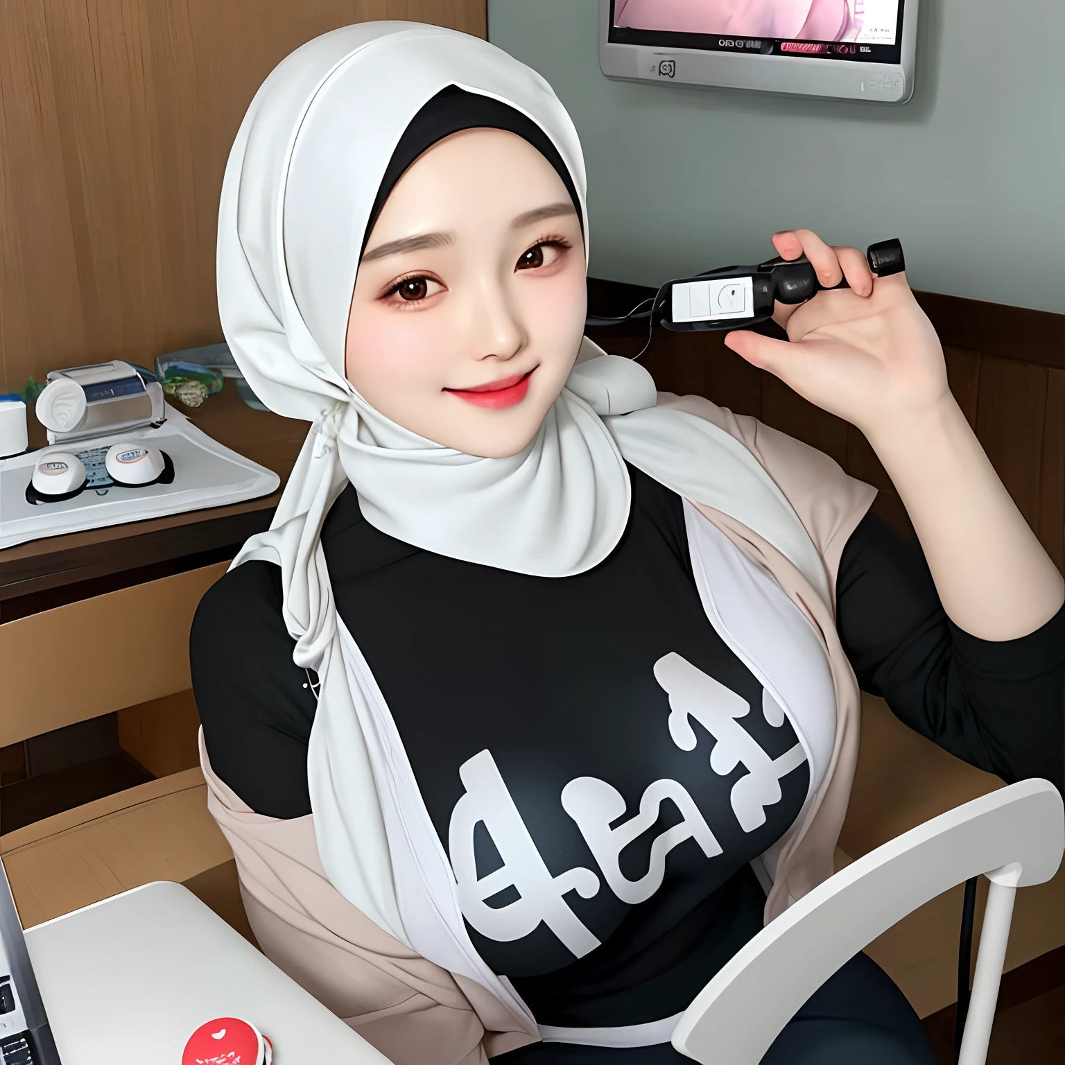 Hijab,realistic,kpop idol,1girl,korean girl,sexy,beautiful,he tall,super big breast,(W cup),happy and gently smiling very detailed face,tight t-shirt,hijab,and long tight pants outfit,in bedrom,table,chair,computer,earphone,handphone,hijab girl is player mobile gameplay,sitting on chair,use earphone in hijab,girl drinking milk