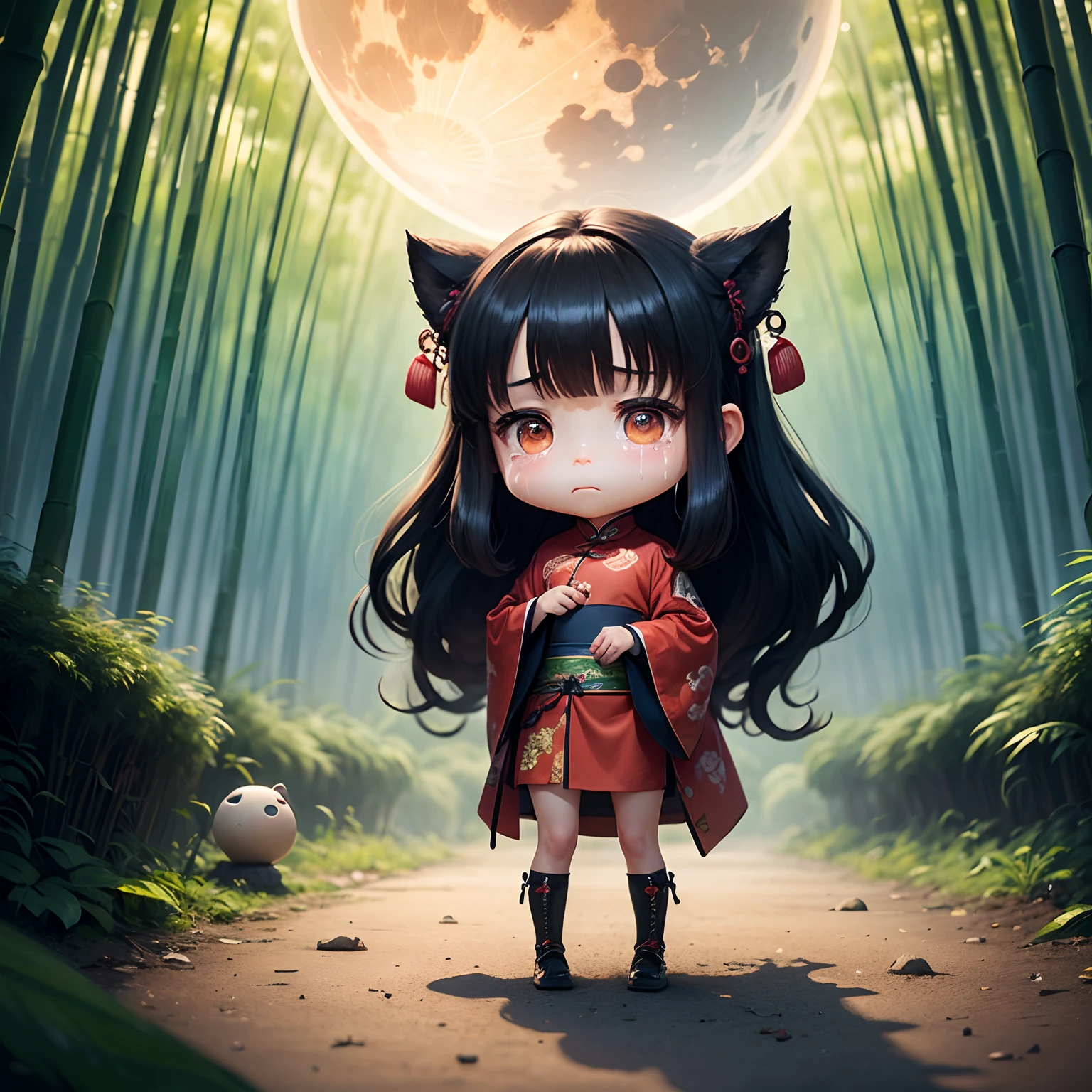 masterpiece、top-quality、ultra-detailliert、(Chibi Chara Ancient Chinese Daughter:1.2)、Black long-haired、Sad tears、bamboo forrest、The background is a huge round moon、