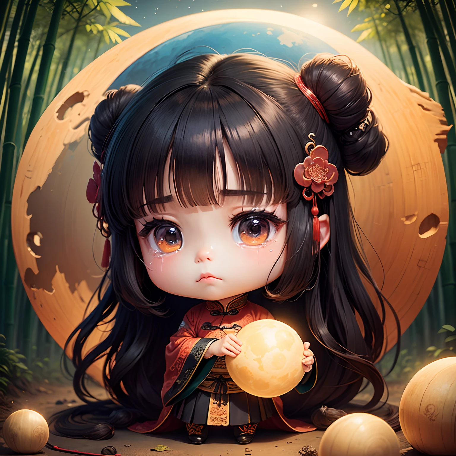 ​masterpiece、top-quality、ultra-detailliert、(Chibi Chara Ancient Chinese Daughter:1.2)、Black long-haired、Sad tears、bamboo forrest、The background is a huge round moon、