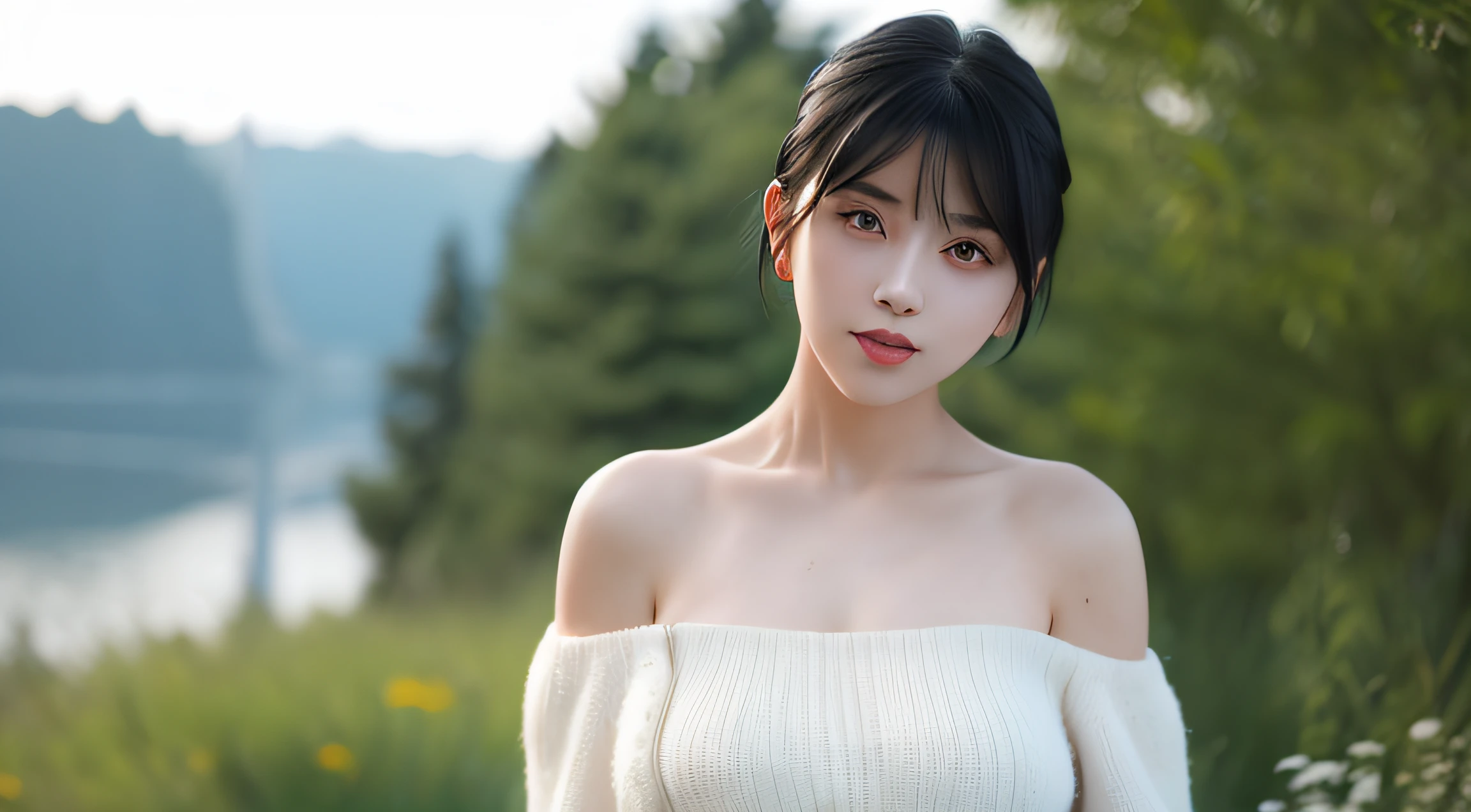 masterpiece, best quality, 1girl, aqua eyes, black hair, closed mouth, multicolored background, looking at viewer, short hair, outdoors, solo, full body, alluring, clean, beautiful face, pure face, pale skin, sexy pose,((camisole, shorts, off shoulder, navel)), cute