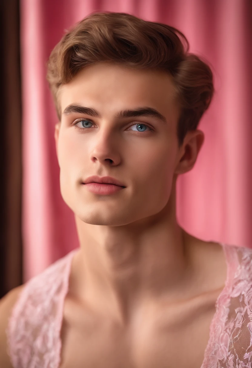 (best quality,ultra-detailed,realistic:1.37),portrait,pink lingerie,18-year-old slim white man,gentle demeanor,soft appearance,subtle lighting,peaceful atmosphere,fine brushstrokes,delicate facial features,calm expression,sensual pose,pink background,vivid colors