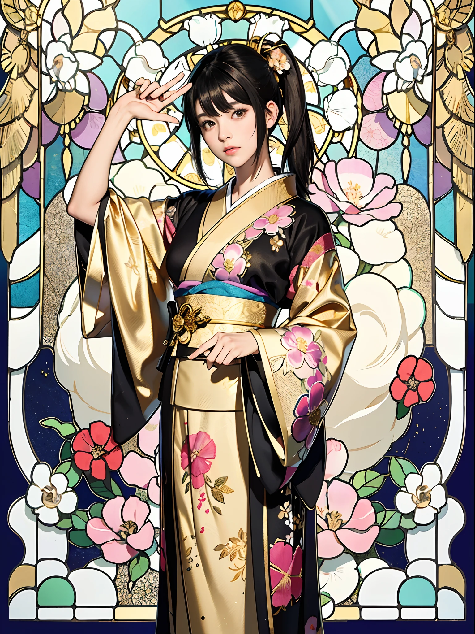 Background of details(chies:1.1(stain glass:1.1)),BREAK,elaborate costume(Luxury kimono(Colorful kimono(detailed embroidery(Gold floral pattern)))),BREAK,1womanl(Beautiful and classy adult woman(Japanese actressl:1.2)(glossy dark hair(poneyTail:1.2))), Blake Wallpaper 16K,Blur the background,(masutepiece:1.5), (Best Quality:1.5),(Portrait photos:1.5),full body Esbian