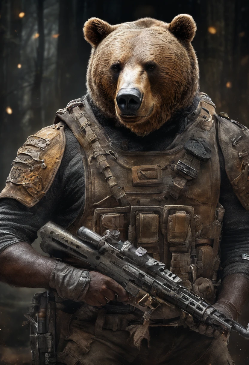 maximum quality, Dramatic lighting, menacing pose, fierce expression, epic atmosphere, (((Bear head shaped helmet))), (((full body shot))),a bear made out of metal, cyborg, cyberpunk style, clockwork, ((intricate details)), hdr, ((intricate details, hyperdetailed)), incandescent lamps, cinematic shot, vignette, bokeh effect beckground, (canines), (full body shot).