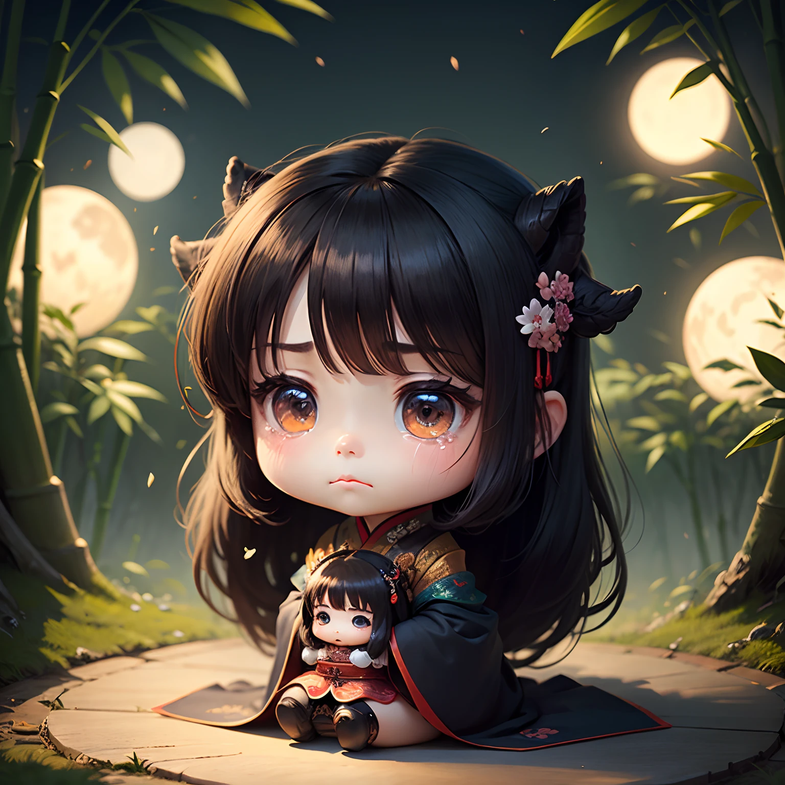 ​masterpiece、top-quality、ultra-detailliert、(Chibi Chara Ancient Chinese Daughter:1.2)、Black long-haired、dark kimono、Sad tears、bamboo forrest、The background is a huge round moon、