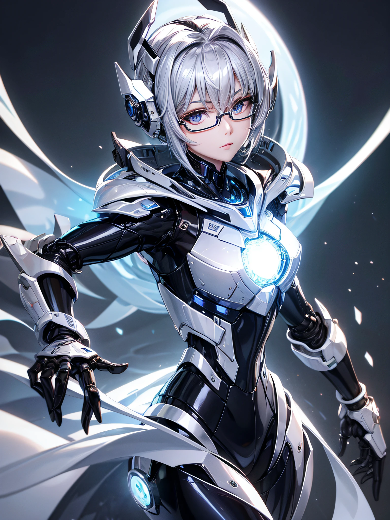 5 8K UHD、Mechanical beauty with shiny silver body wearing glasses is posing、Shiny silver robot with hidden skin