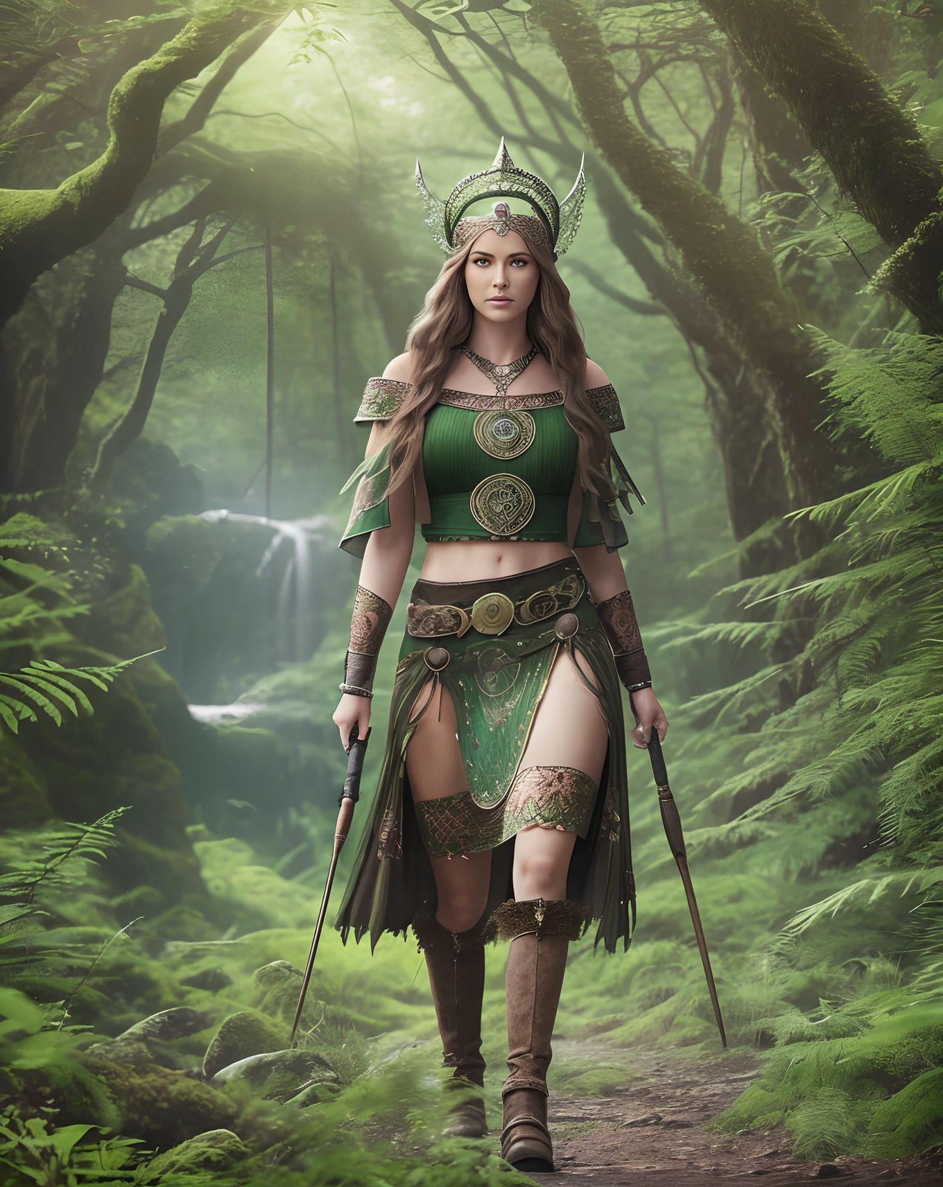 photorealisic image of the celtic goddess morringan walking through the weish forest --auto --s2