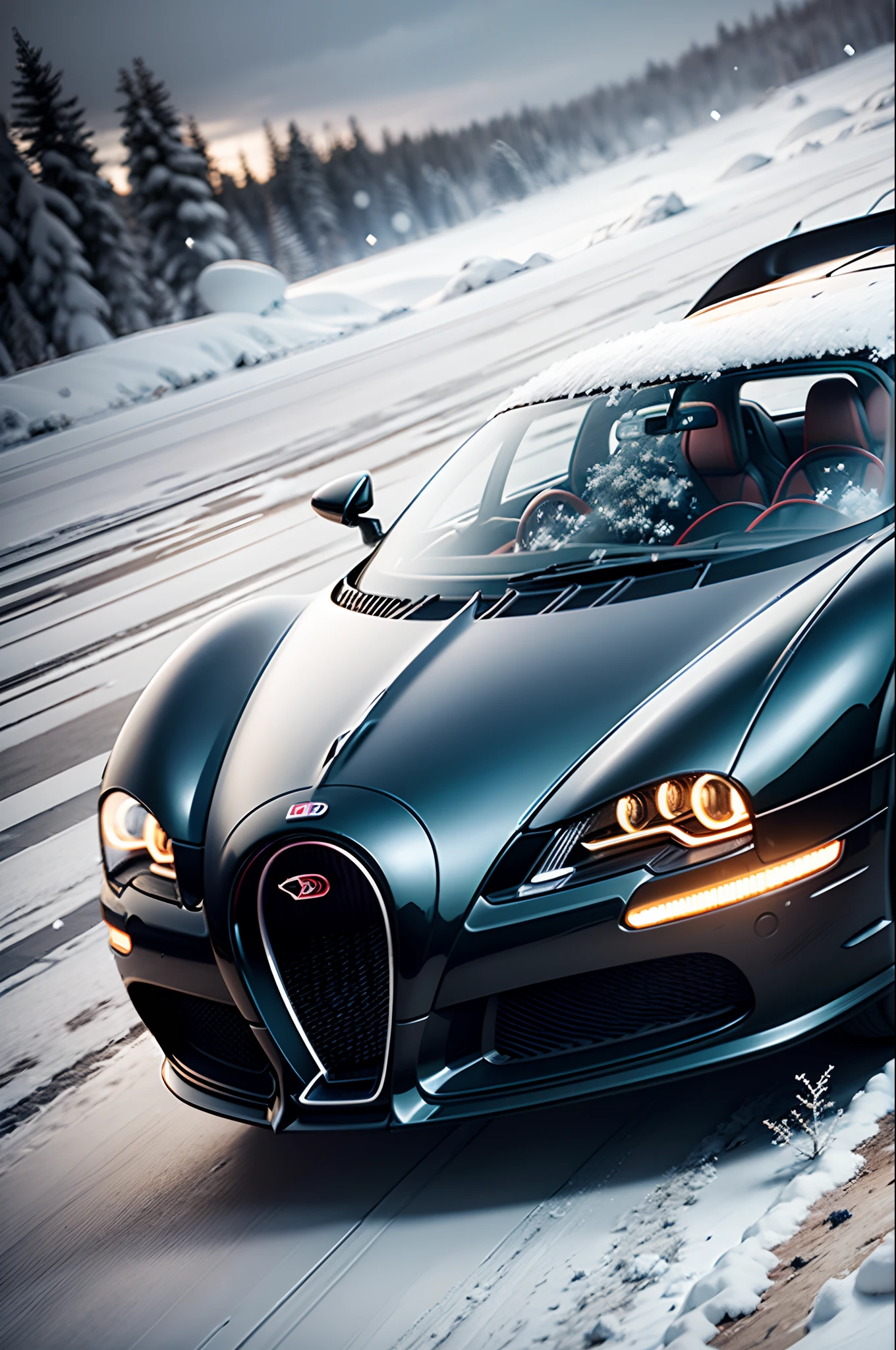 Ultra detailed, 3d rendering, realistic, beautifull, going at 150 km/h, snow, Bugatti