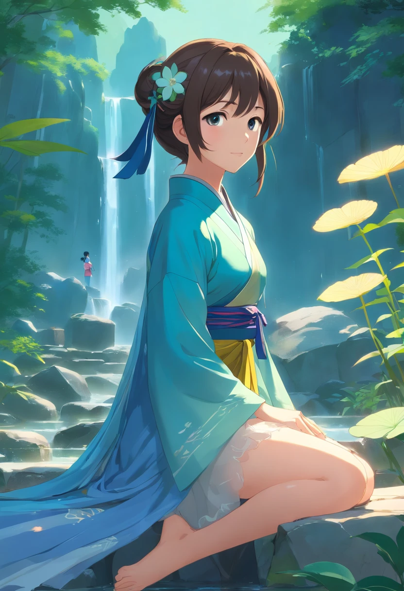 An ancient Chinese beauty, Sitting on a stone, in ancient Chinese costume, Flowing blue tulle, light silk, Lazy Posture, Large lotus leaves, lotus flowers, ink painting style, Pure colors, decisive cutting, empty space, freehand, Masterpiece, Super detailed, epic composition, hiquality, Highest Quality, 4K --V 6