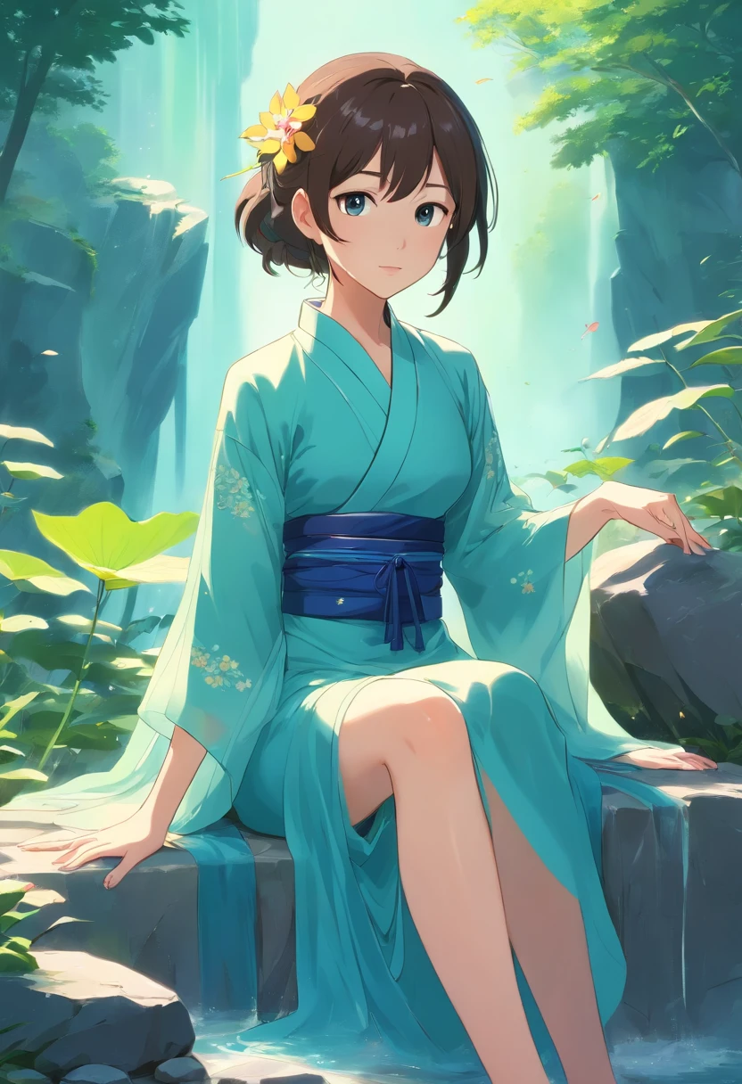 An ancient Chinese beauty, Sitting on a stone, in ancient Chinese costume, Flowing blue tulle, light silk, Lazy Posture, Large lotus leaves, lotus flowers, ink painting style, Pure colors, decisive cutting, empty space, freehand, Masterpiece, Super detailed, epic composition, hiquality, Highest Quality, 4K --V 6