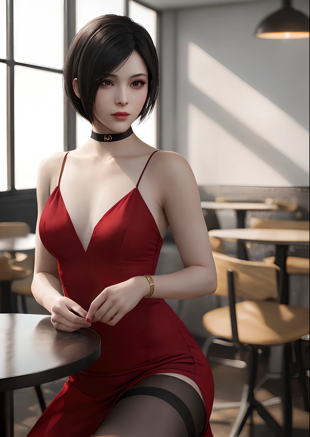 1girl, ((portrait)) of beautiful ADAWONG, looking at viewer, black hair, short hair, ((red dress)), black choker, transparent black stocking, side slit, blush, blotchy makeup, trending on Artstation, ada, realistic, athletic night, highly detailed skin, warm skin tone, ((frowning)), ((pouting)) highly detailed face, highly detailed pupils, highly detailed iris, RAW photo, best quality, high resolution, ((masterpiece)), tonemapping, photorealistic, realistic, professional photography, sharp focus, HDR, 8K resolution, intricate detail, sophisticated detail, hyper detailed, (depth of field), highlight and shadow, volumetric lighting, golden hours lighting, professional light, ,inside a cafe, beside a window, highly detailed background, bokeh, sfw,