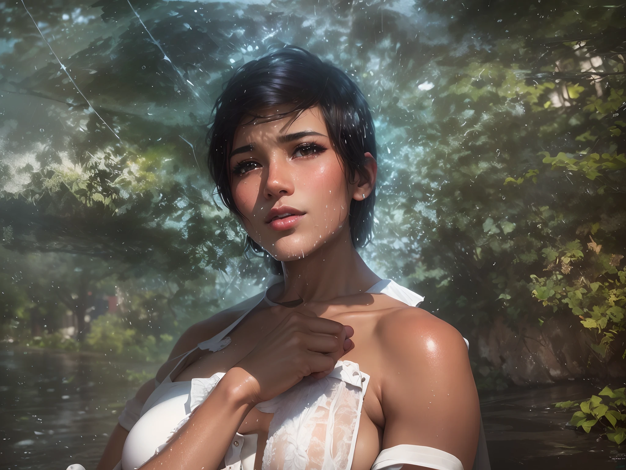 ((Best quality, 8k, Masterpiece: 1.3)), Sharp focus: 1.2, A beautiful woman with perfect body: 1.4, Slim abdomen: 1.2, ((Layered haircut, Large breasts: 1.2)), (no bra) (Small and beautiful hard nipple) (Thin and damp button up to shirt length: 1.1), (White shirt wet by rain), (Rain, Street: 1.2), Wet body: 1.1, Highly detailed face and skin texture, Detailed eyes, Double eyelid, tanned skin, sexy, tan, dark skin, tanned body, exposed shoulders, cleavage
