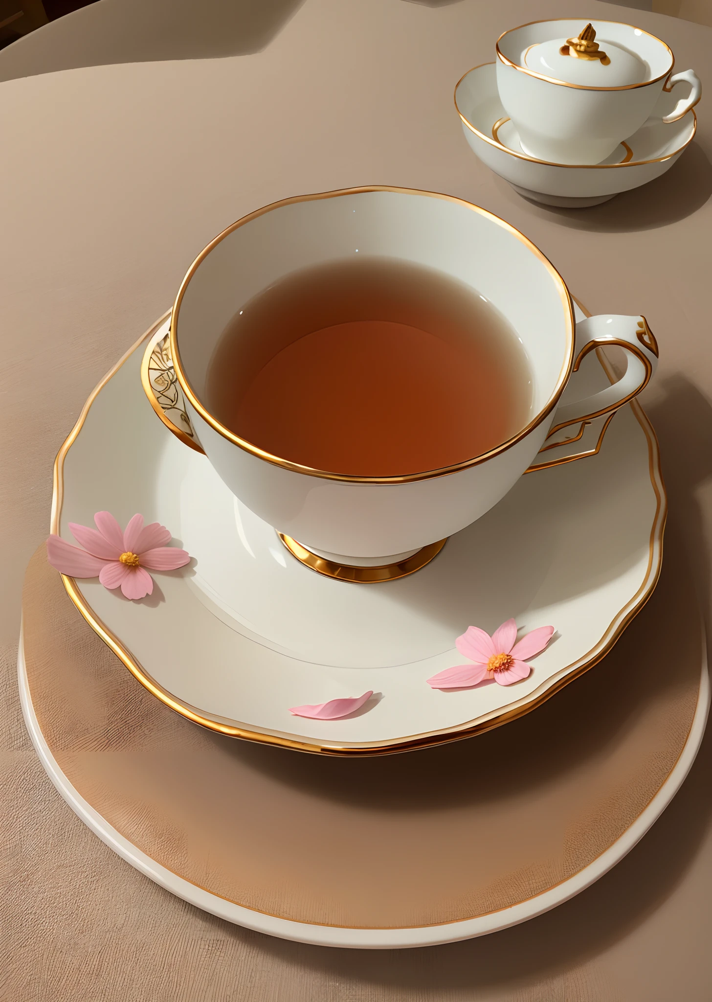 There was a teacup with a cup of tea on the table.、Cute petals are dancing beside it.