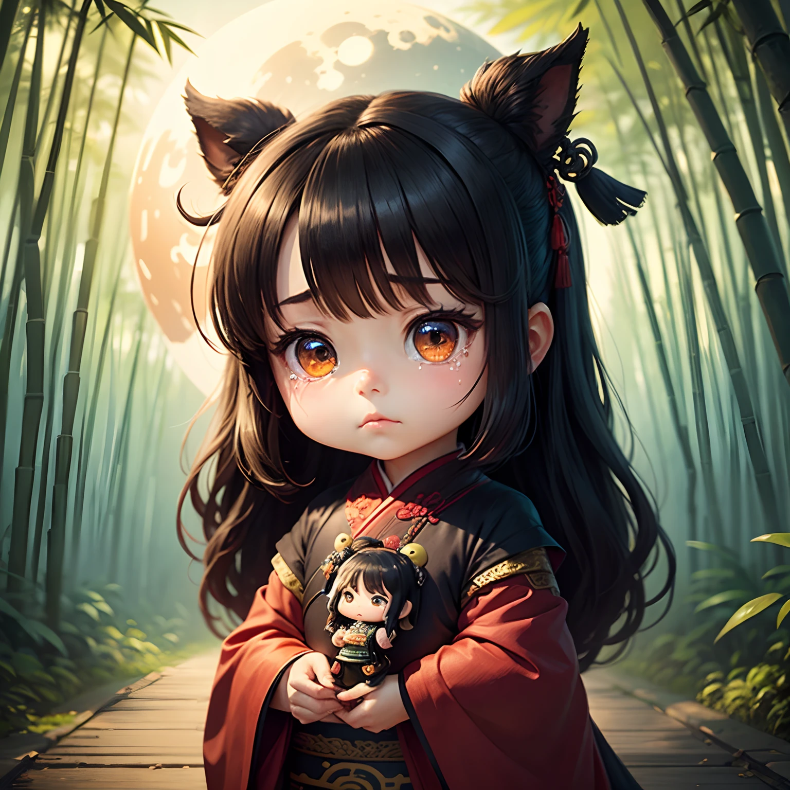 ​masterpiece、top-quality、ultra-detailliert、(Chibi Chara Ancient Chinese Daughter:1.2)、Black long-haired、dark kimono、Sad tears、bamboo forrest、The background is a huge round moon、