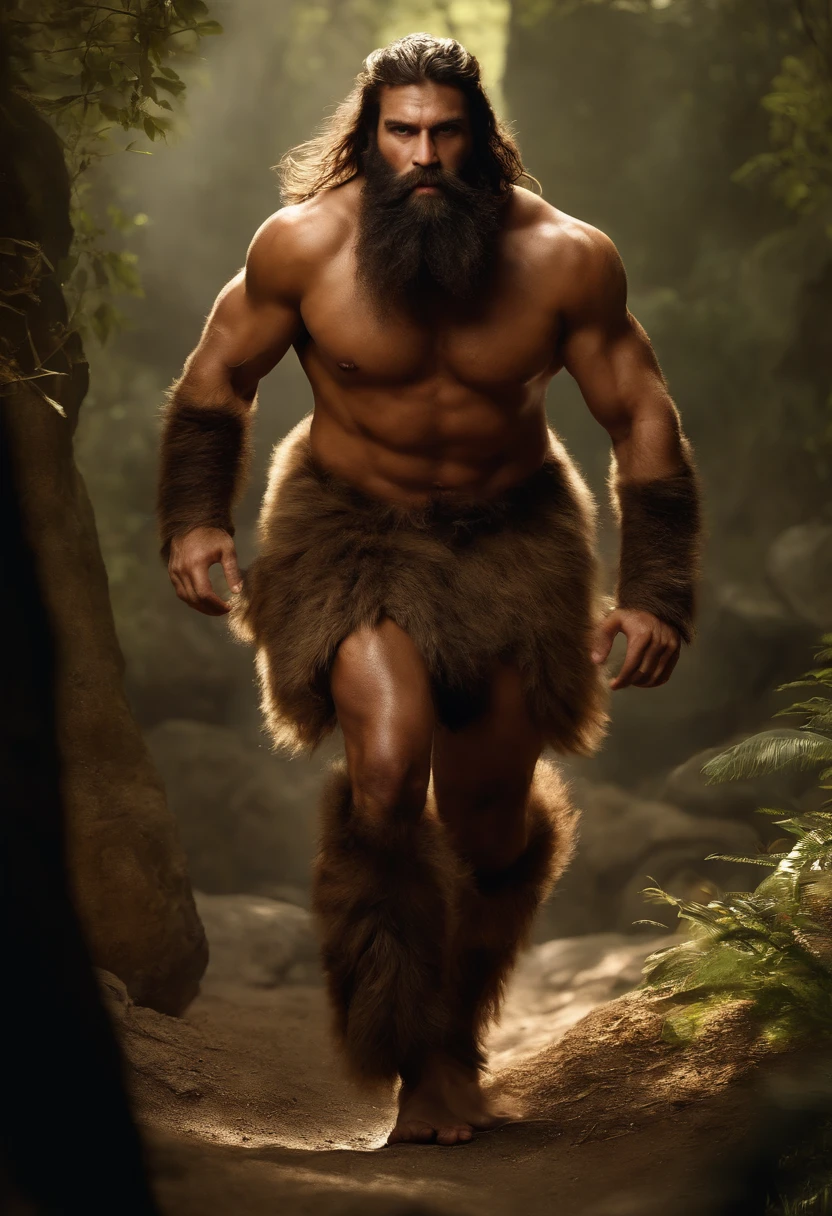 (best quality,realistic),(cave man:1.1,bearded:1.1,big and hairy:1.1,strong and robust:1.1,alpha male:1.1),wearing (loincloth:1.1) and nothing else, (rough and wild appearance,primal and rugged look), in a (prehistoric:1.1) setting, (dark and gloomy lighting),(dramatic shadows),(cave:0.9) background, surrounded by (jungle:0.9) and (ancient trees:0.9),(primitive weapons),(cro-magnon),(earthy tones:0.9)