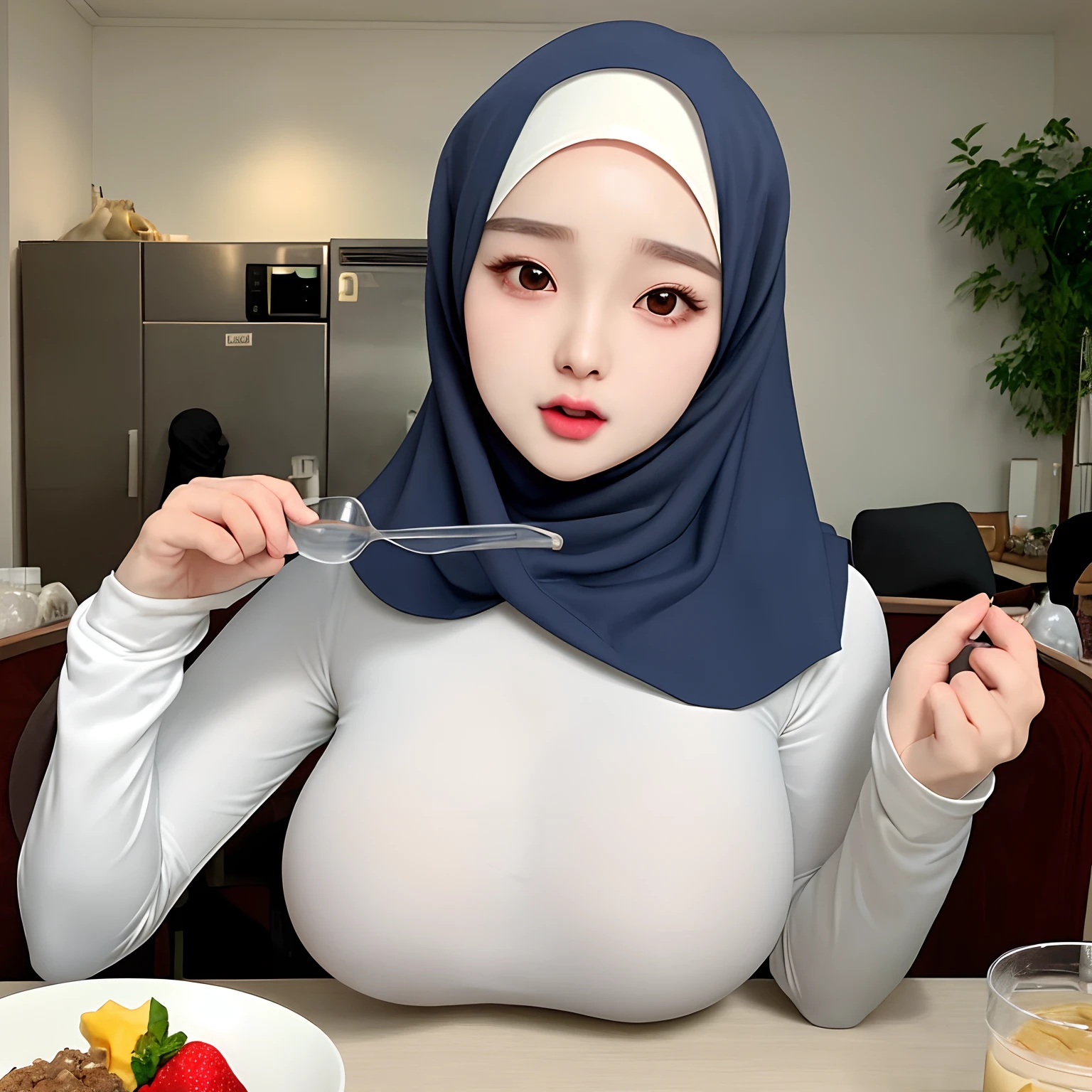 Hijab,realistic,kpop idol,1girl,korean girl,sexy,beautiful,he tall,super big breast,(W cup),shocked very detailed face,tight t-shirt,hijab,and long tight pants outfit,in kitchenroom,table food,chair,milk,glass,food,fruit,hijab girl sitting on chair,girl drinking and eating,His face was shocked, the milk spilled onto his clothes