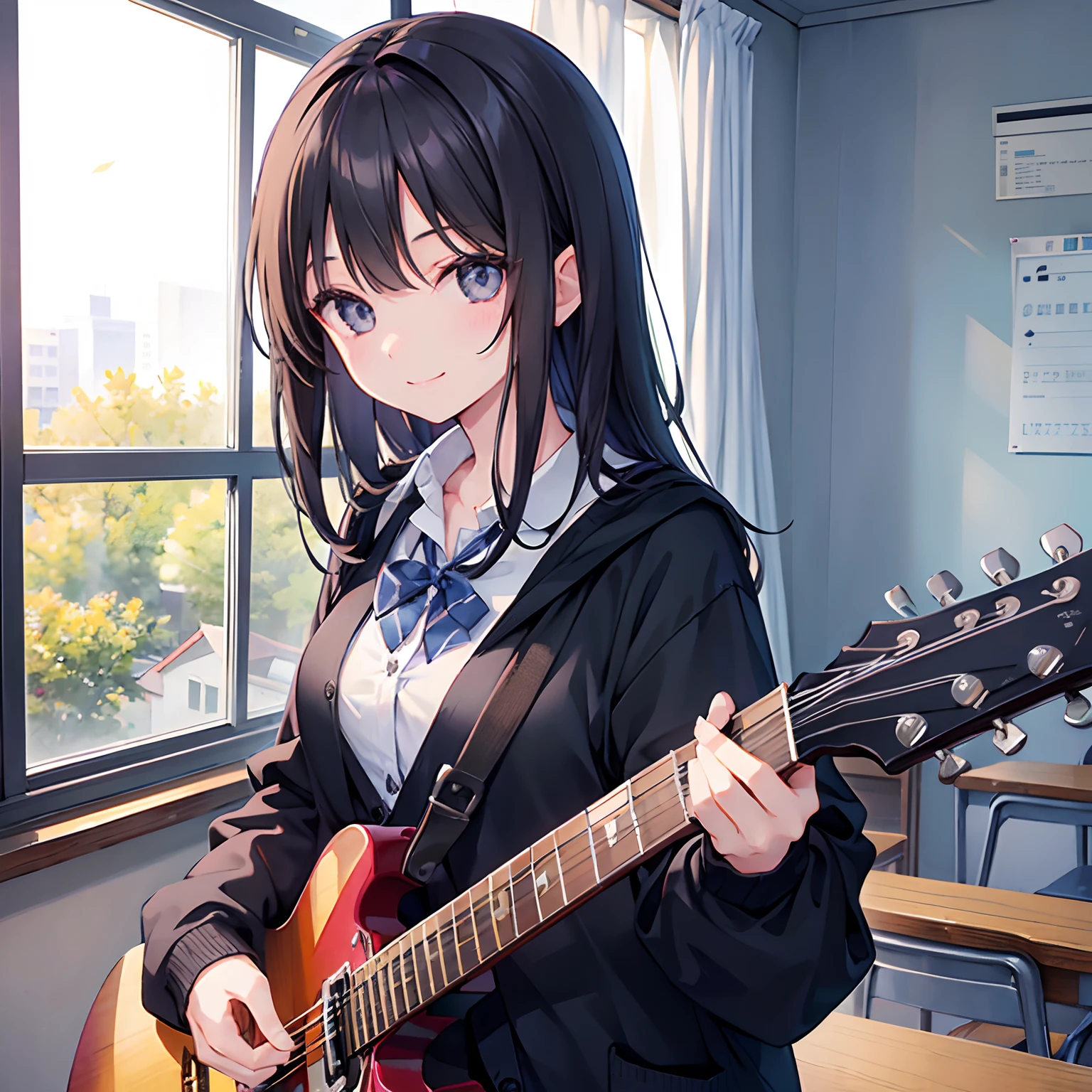 girl with、1 persons、Dark hair、Black eyes、length hair、A smile、Pupils、校服、Cardigan、Classroom、guitar