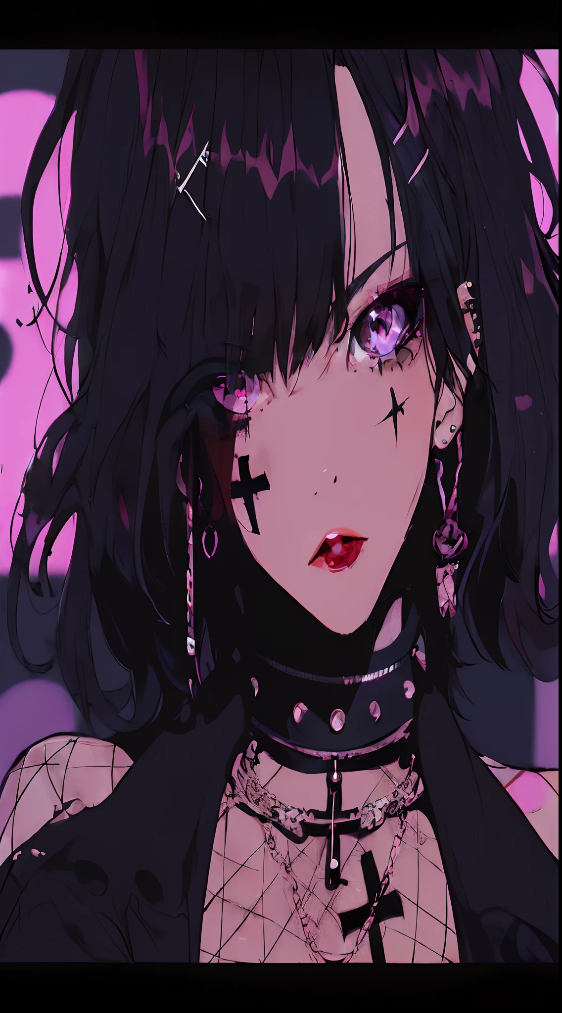 Anime girl with black hair and piercing on pink background, anime vibes, Anime Aesthetics, 1 7 - year - old anime goth girl, 8 0 s anime vibe, goth girl aesthetic, anime style 4 k, Anime aesthetics, Anime style. 8K, Aesthetic anime, Award-winning, 9 0 s anime aesthetic, goth aesthetic, gothic horror vibes