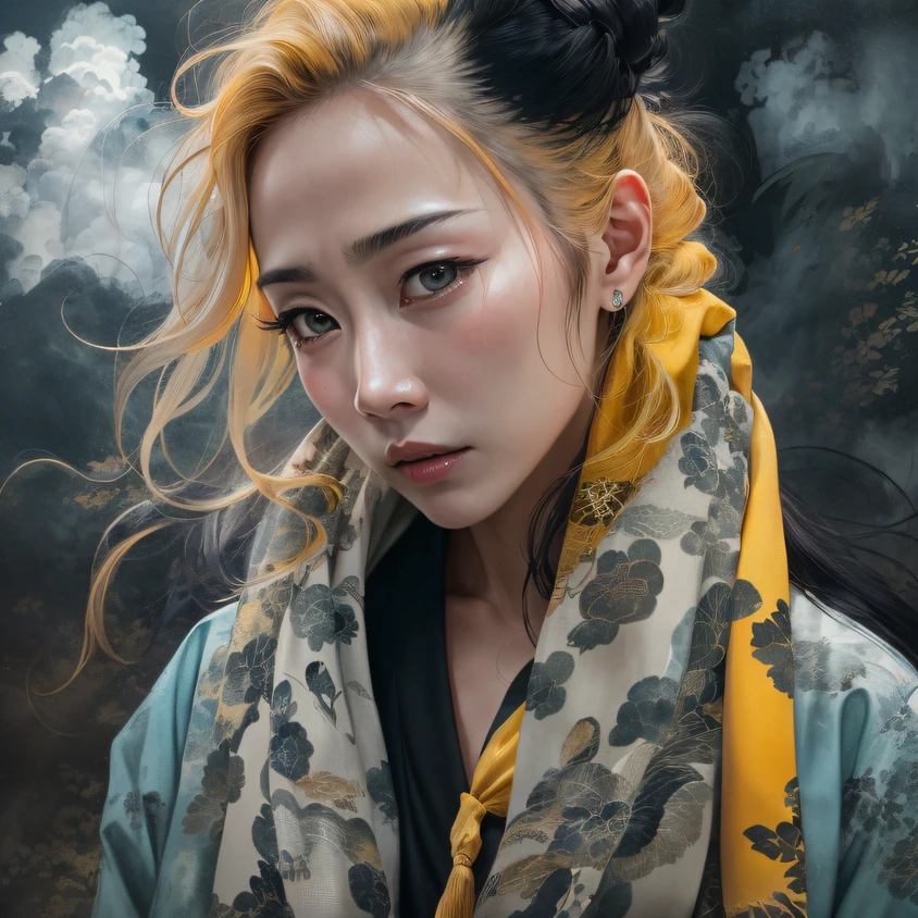 Side 32K,exteriors,roof,People are small(tmasterpiece,k hd,hyper HD,32K)Long flowing black hair,Tang Dynasty complex,zydink, a color,废墟(canyons), (Linen batik scarf), Combat posture, looking at the ground, Linen bandana, Chinese python pattern long-sleeved garment, 废墟(Abstract gouache splash:1.2), Dark clouds lightning background,Flour flies(realisticlying:1.4),Black color hair,The dust is blowing,Background fog, A high resolution, the detail, RAW photogr, Sharp Re, Nikon D850 Film Stock Photo by Jefferies Lee 4 Kodak Portra 400 Camera F1.6 shots, Rich colors, ultra-realistic vivid textures, Dramatic lighting, Unreal Engine Art Station Trend, cinestir 800,Flowing bright yellow hair,(((National style building)))Full-body side