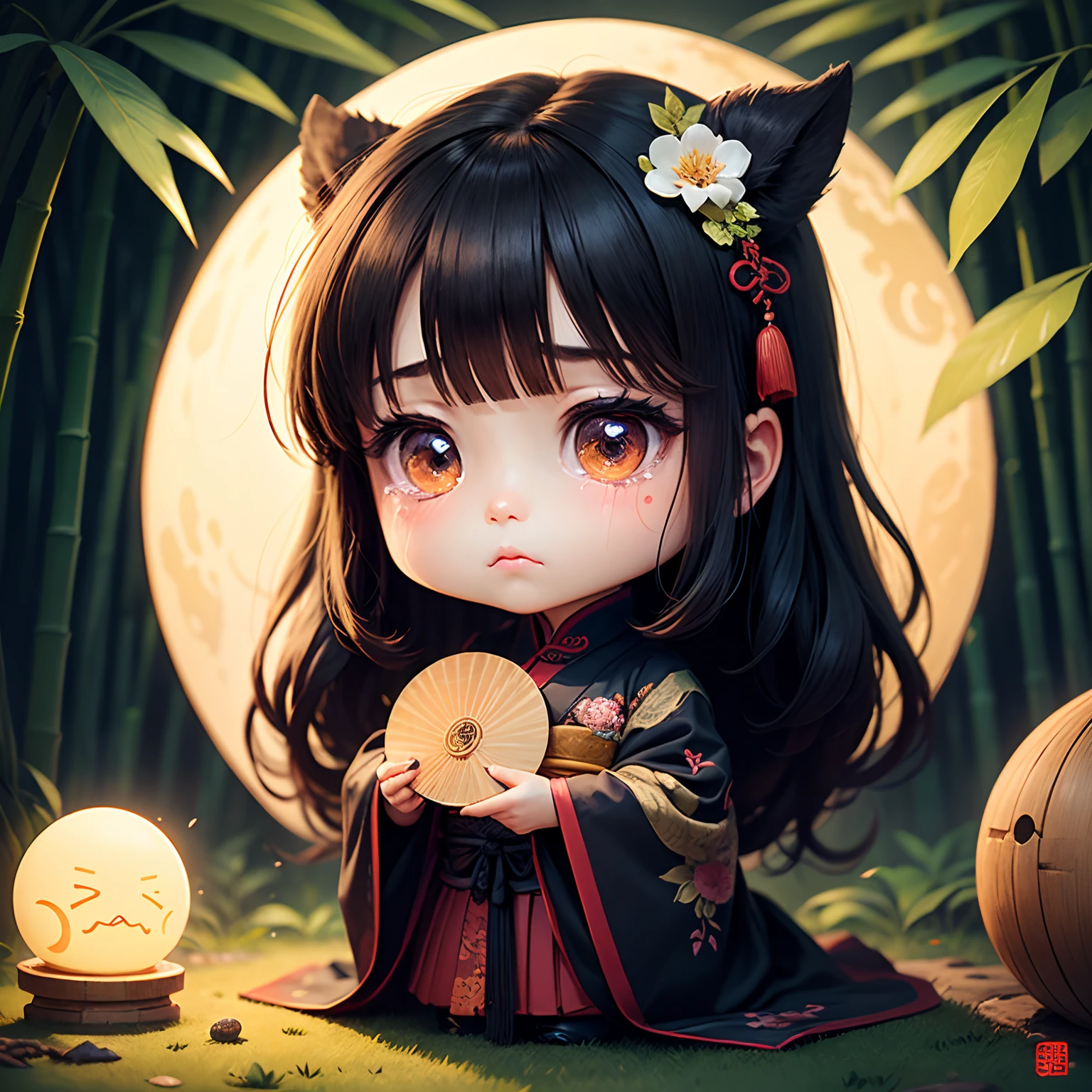 masterpiece、top-quality、ultra-detailliert、(Chibi Chara Ancient Chinese Daughter:1.2)、Black long-haired、dark kimono、Sad tears、A fan in his hand、bamboo forrest、The background is a huge round moon、